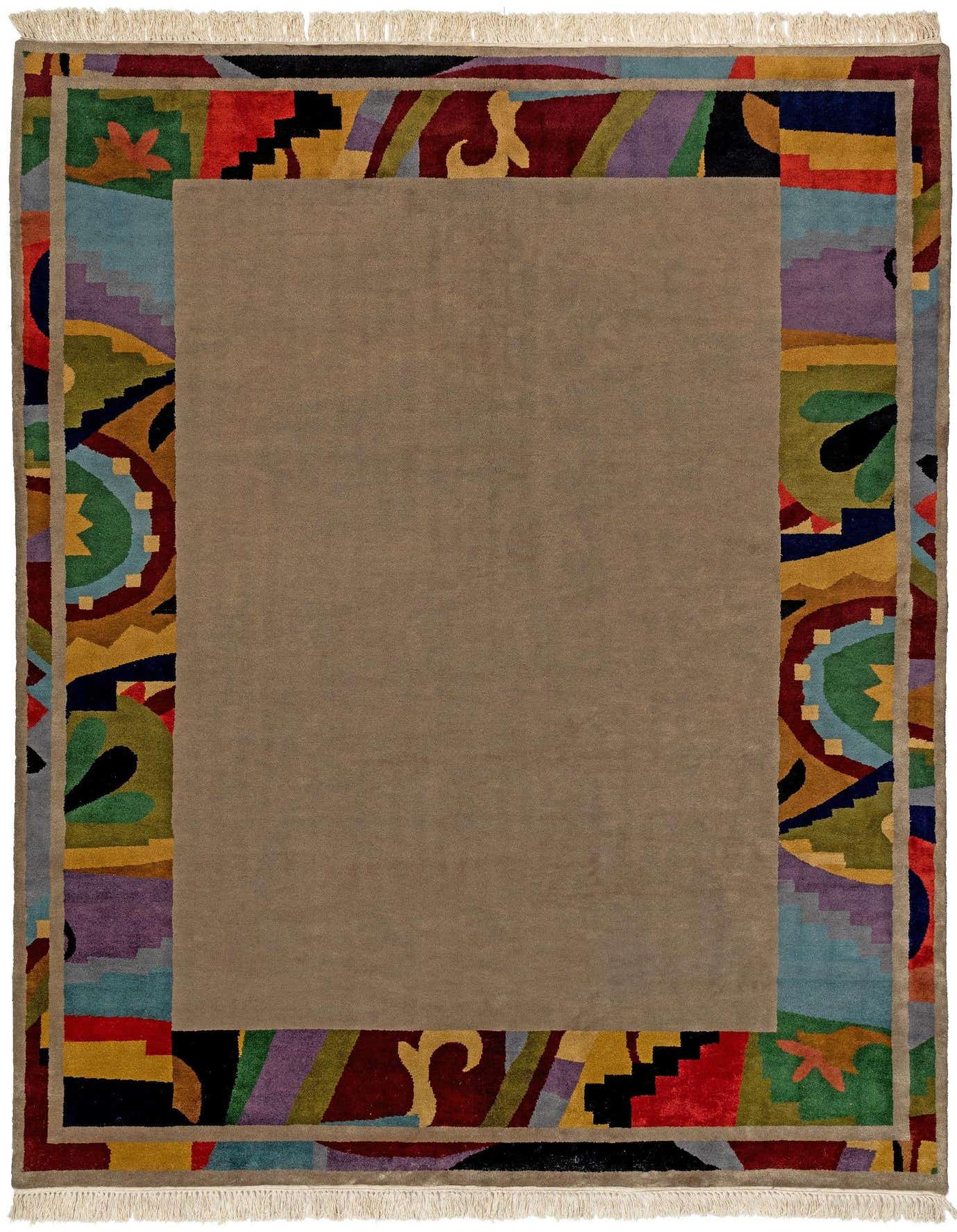 A 5x8 rectangular grey area rug with a wide, colorful border featuring abstract shapes and patterns in red, blue, green, yellow, and purple, with fringed ends.