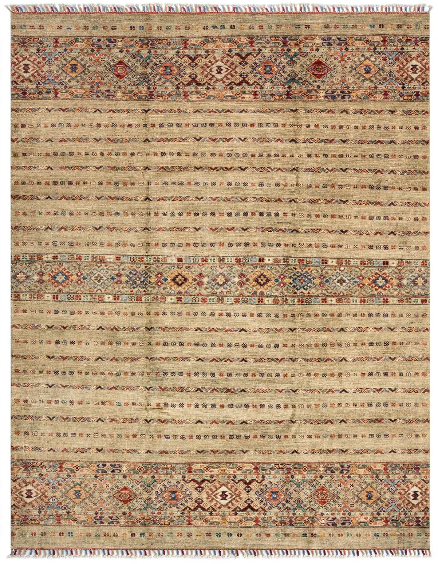 A 5x8 rectangular Torkman Persian wool rug in grey, featuring intricate multicolored geometric patterns and fringe.