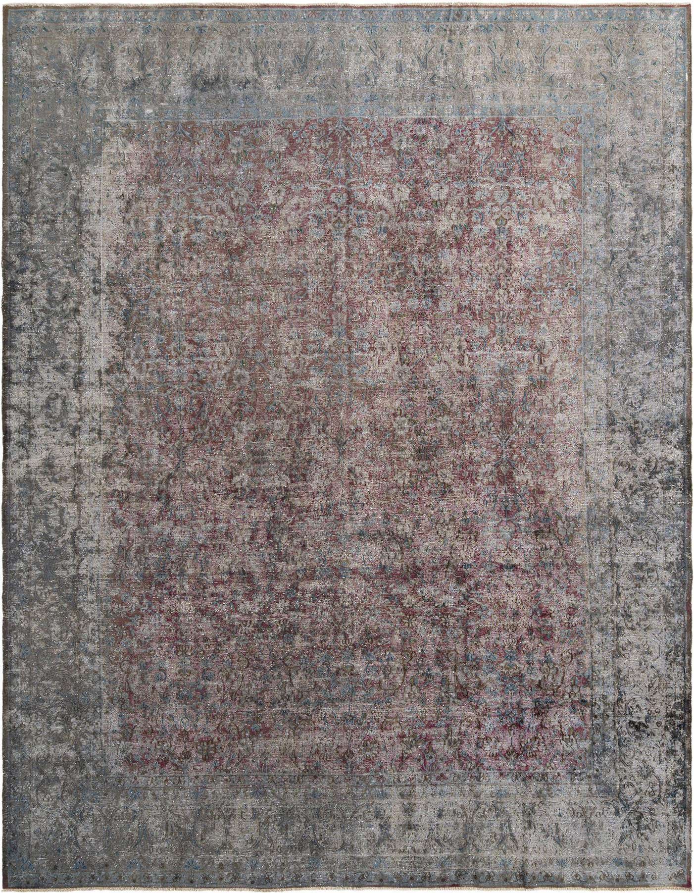 A 9x12 rectangular Rugs.com Vintage Royal Persian rug in distressed grey and muted red tones, featuring an intricate floral pattern.