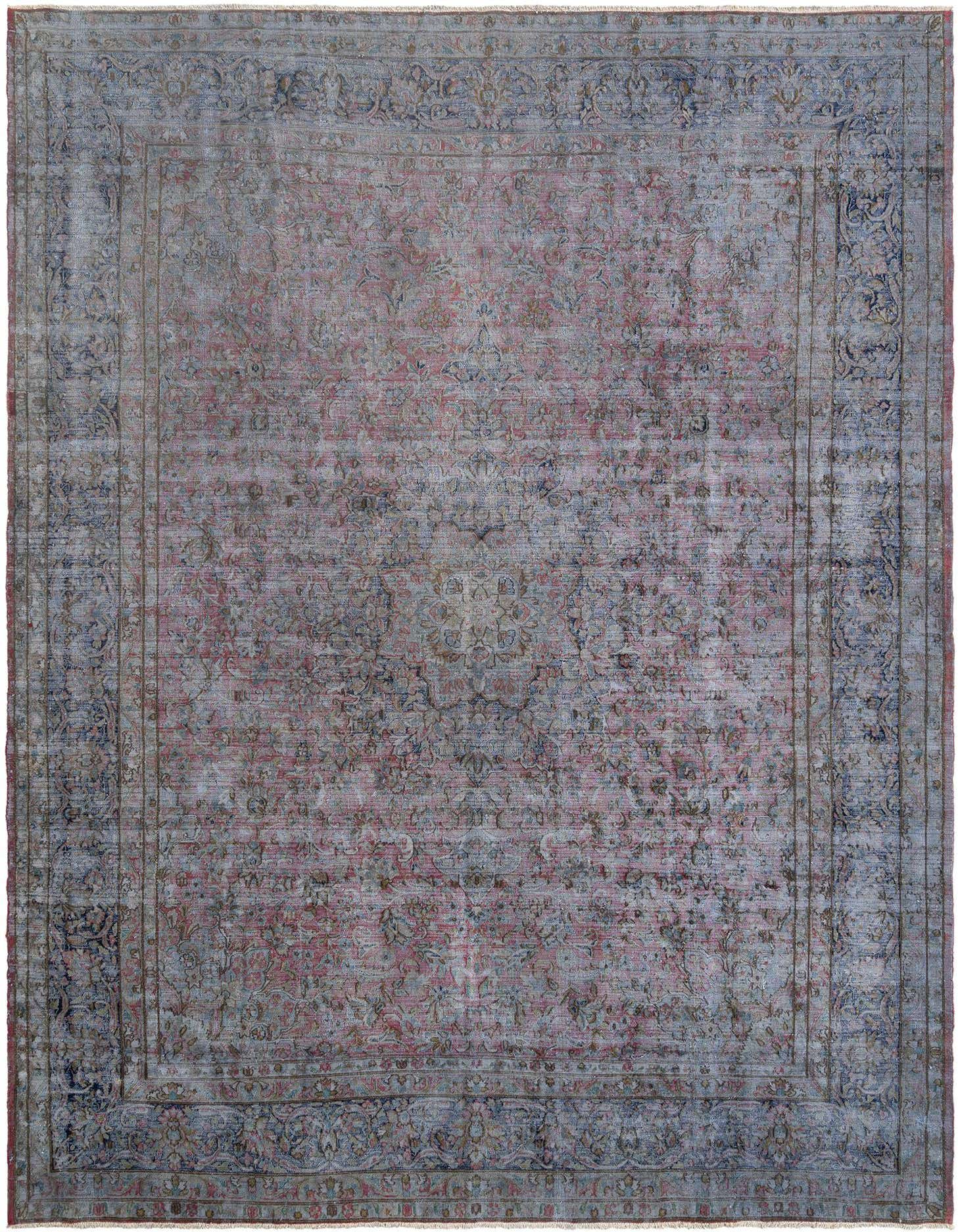 A 9x12 rectangular Rugs.com Vintage Royal Persian rug in grey and faded pink with intricate floral patterns.