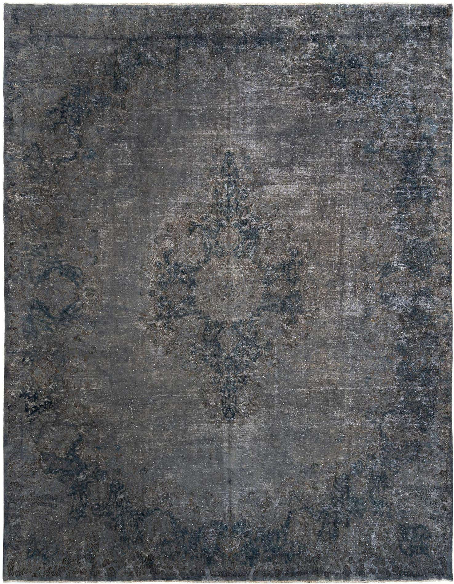 A 10x14 rectangular grey Persian wool rug with a distressed traditional pattern, suitable for an indoor living space.