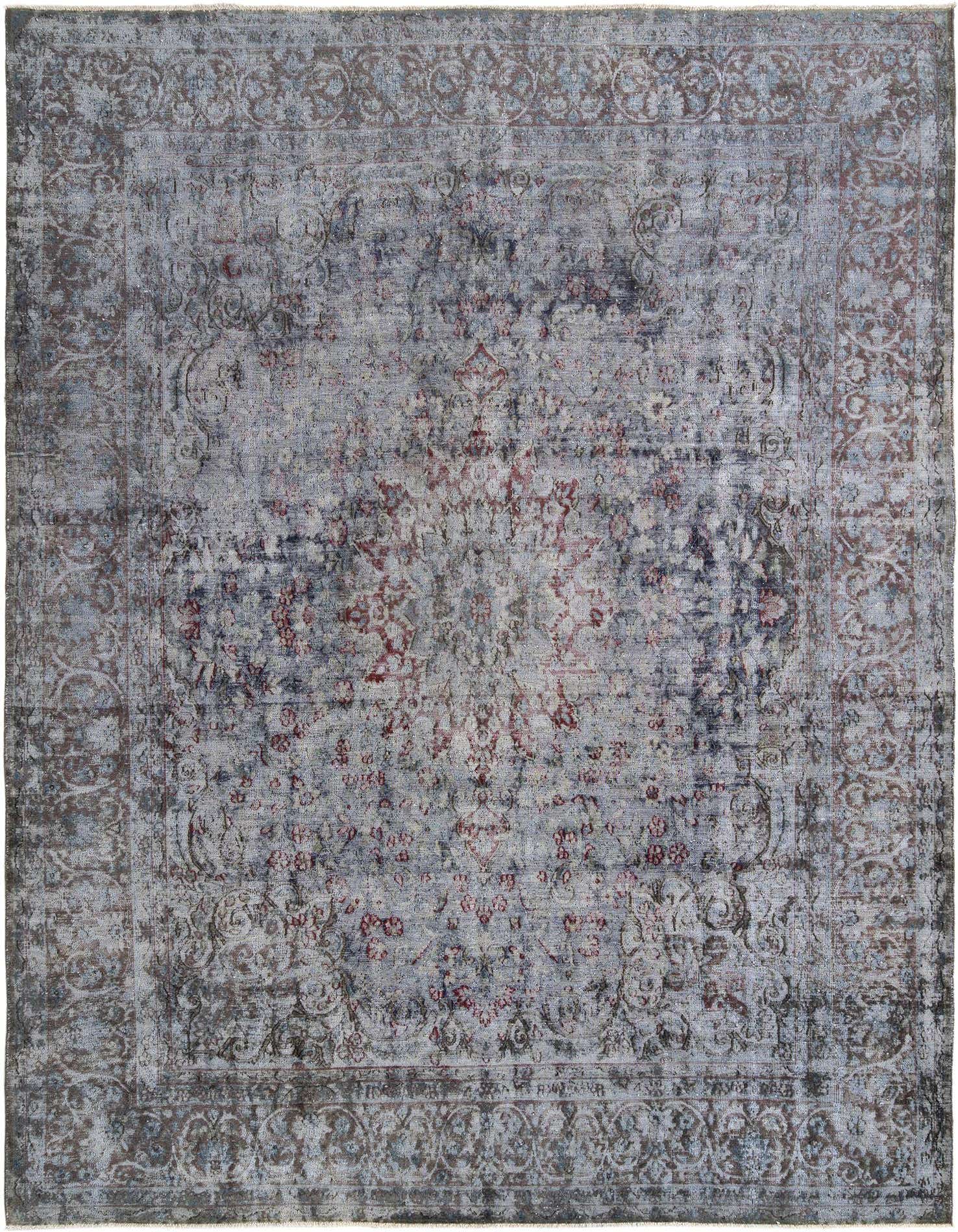 A 10x13 rectangular grey Persian wool rug with a distressed traditional pattern and subtle red accents.