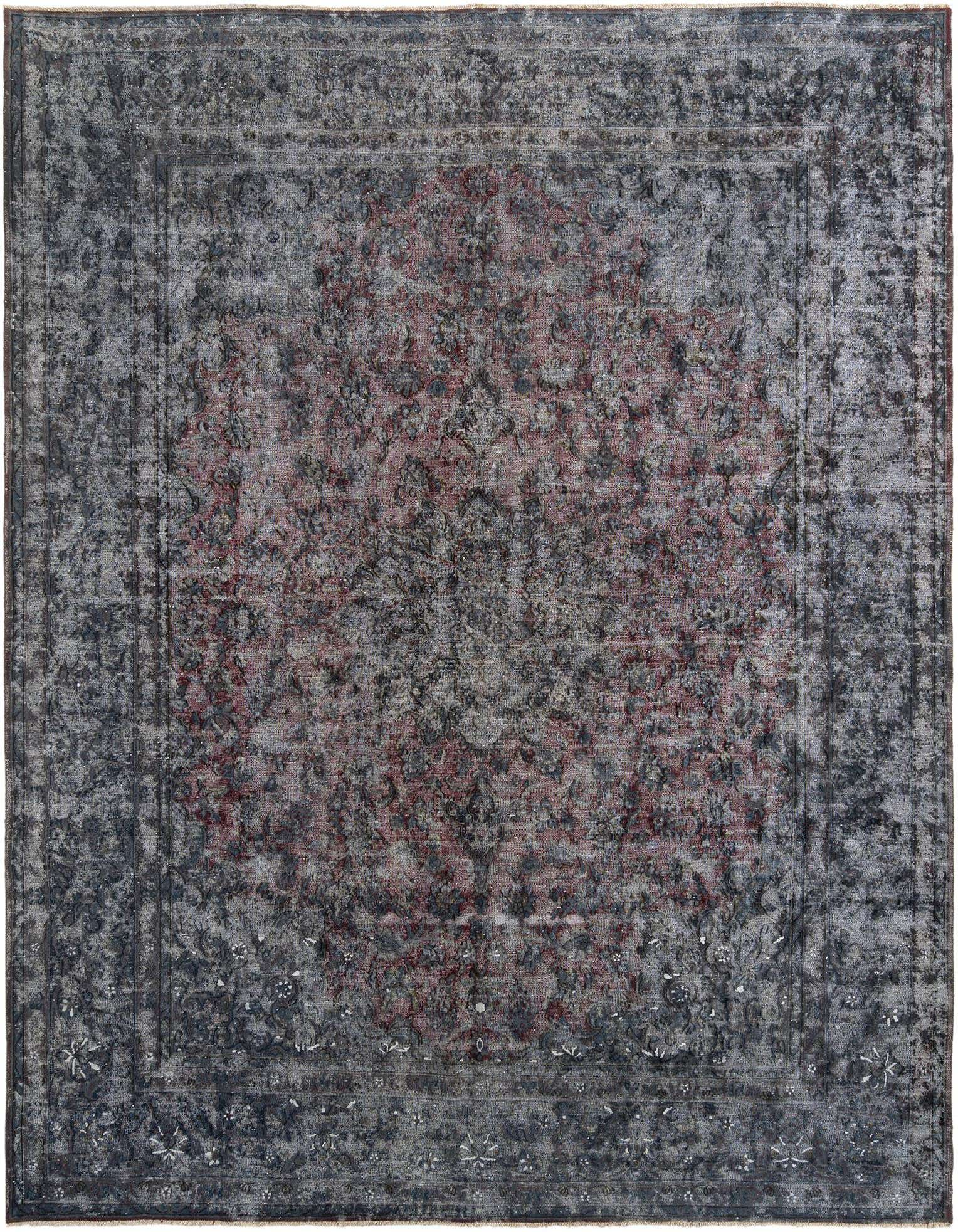 A 10x13 rectangular Rugs.com Vintage Royal Persian rug in distressed grey with a faded red medallion.