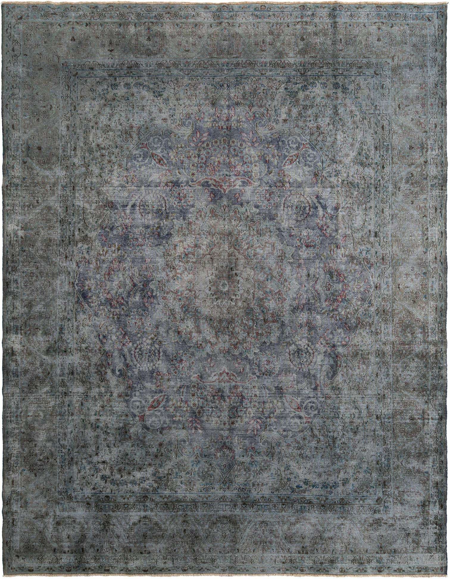 A 10x13 rectangular grey Persian wool rug with a distressed traditional pattern, perfect for a living room.
