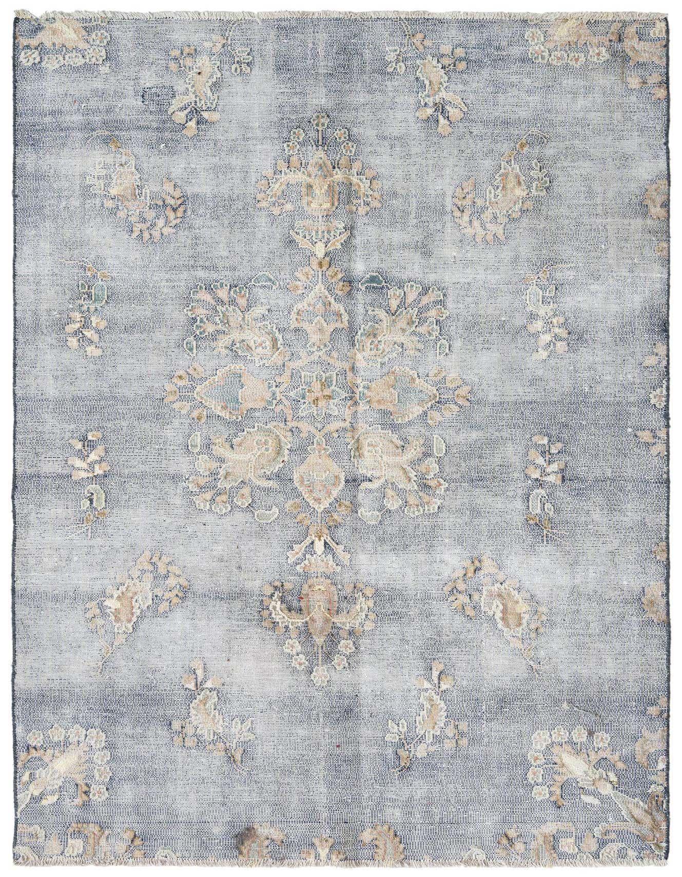 A 4x6 rectangular grey Persian rug with a faded, distressed floral medallion pattern in beige and light blue.