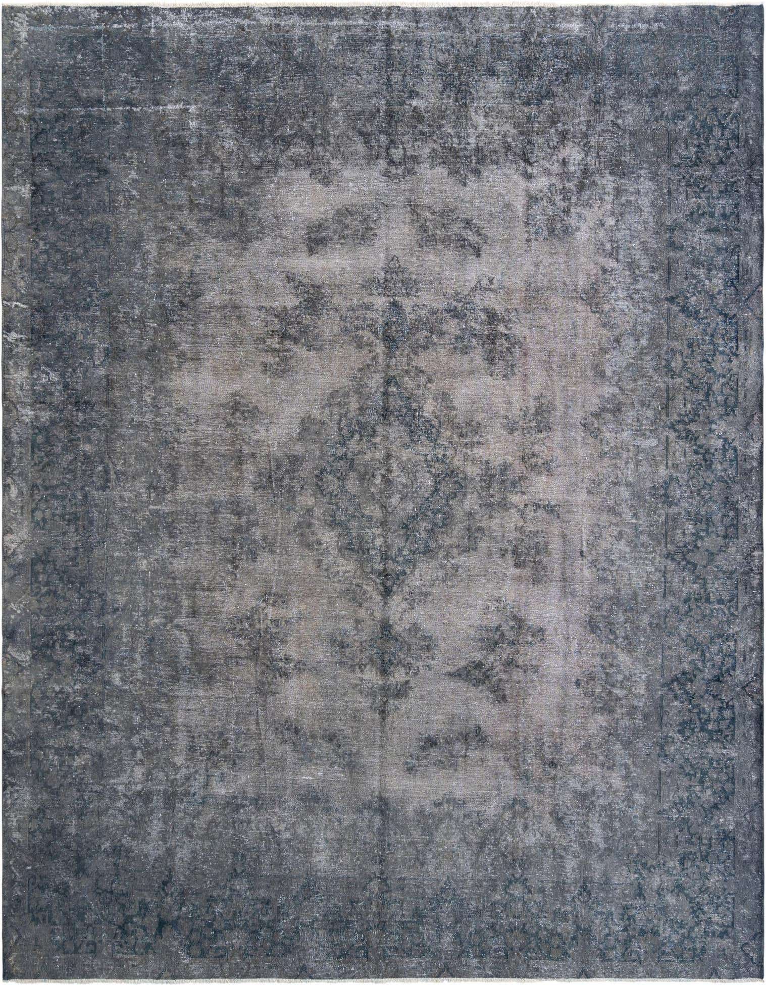 A large 10x13 rectangular grey Persian wool rug with a distressed vintage pattern, suitable for a living room.
