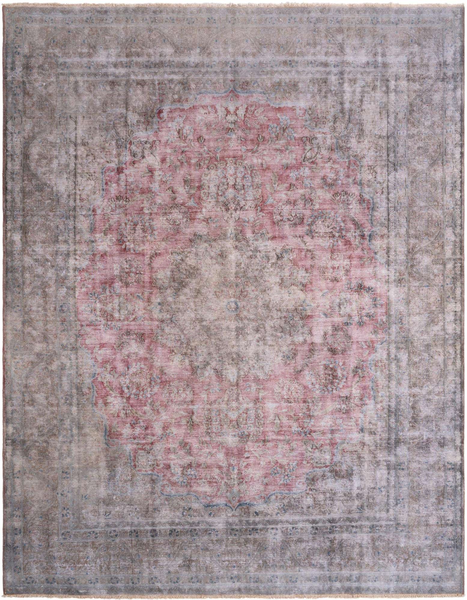 A 9x12 rectangular grey Persian wool rug with a faded pink and blue medallion pattern, suitable for a living room.