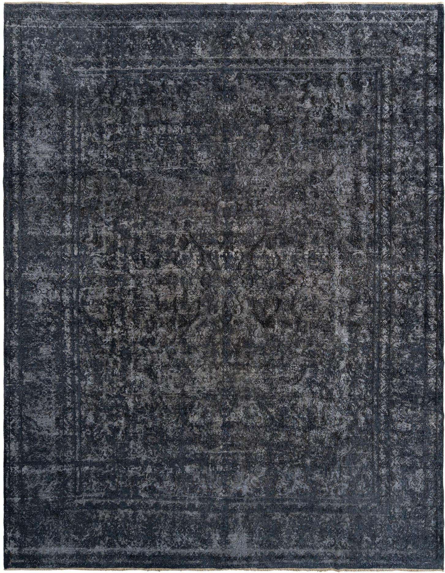 A 10x13 rectangular Rugs.com Vintage Royal grey Persian wool rug with a distressed traditional pattern, suitable for a living room.