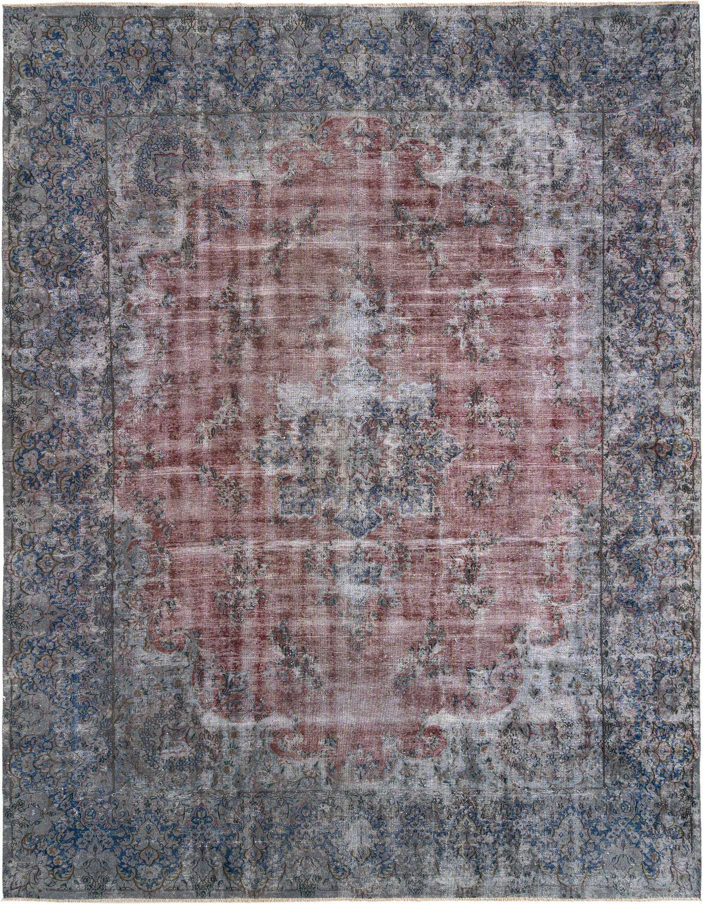 A 10x14 rectangular grey Persian wool rug with a faded red medallion center and intricate blue floral border.