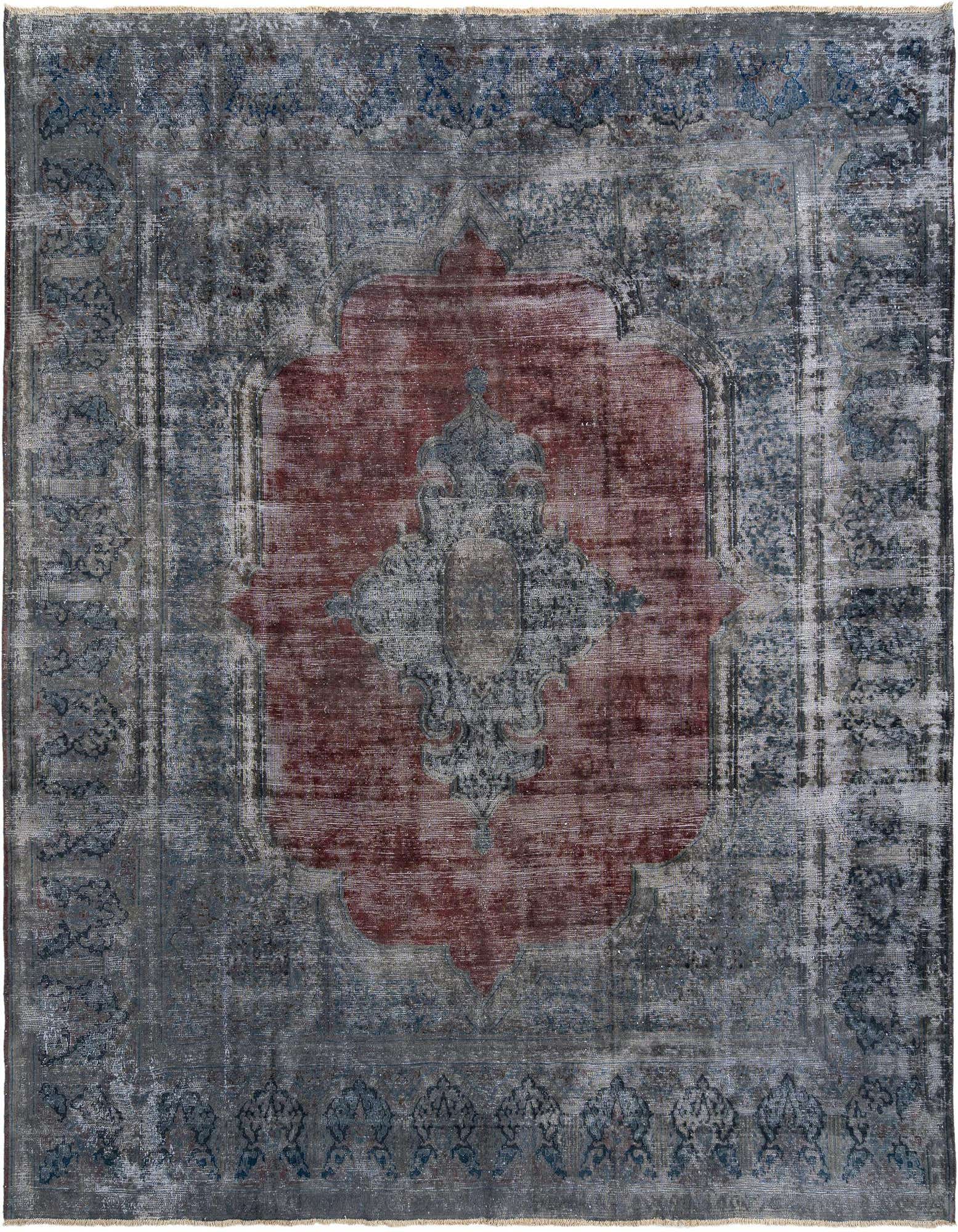 A 10x12 rectangular Rugs.com Vintage Royal Persian rug in distressed grey with a faded red medallion.
