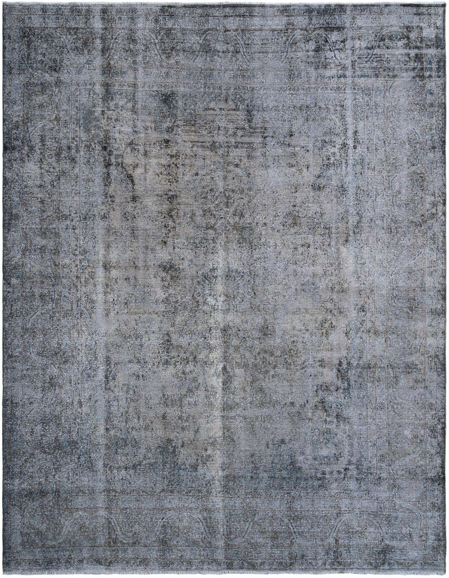 A large 10x13 rectangular grey Persian wool rug with a distressed vintage pattern, ideal for a living room.