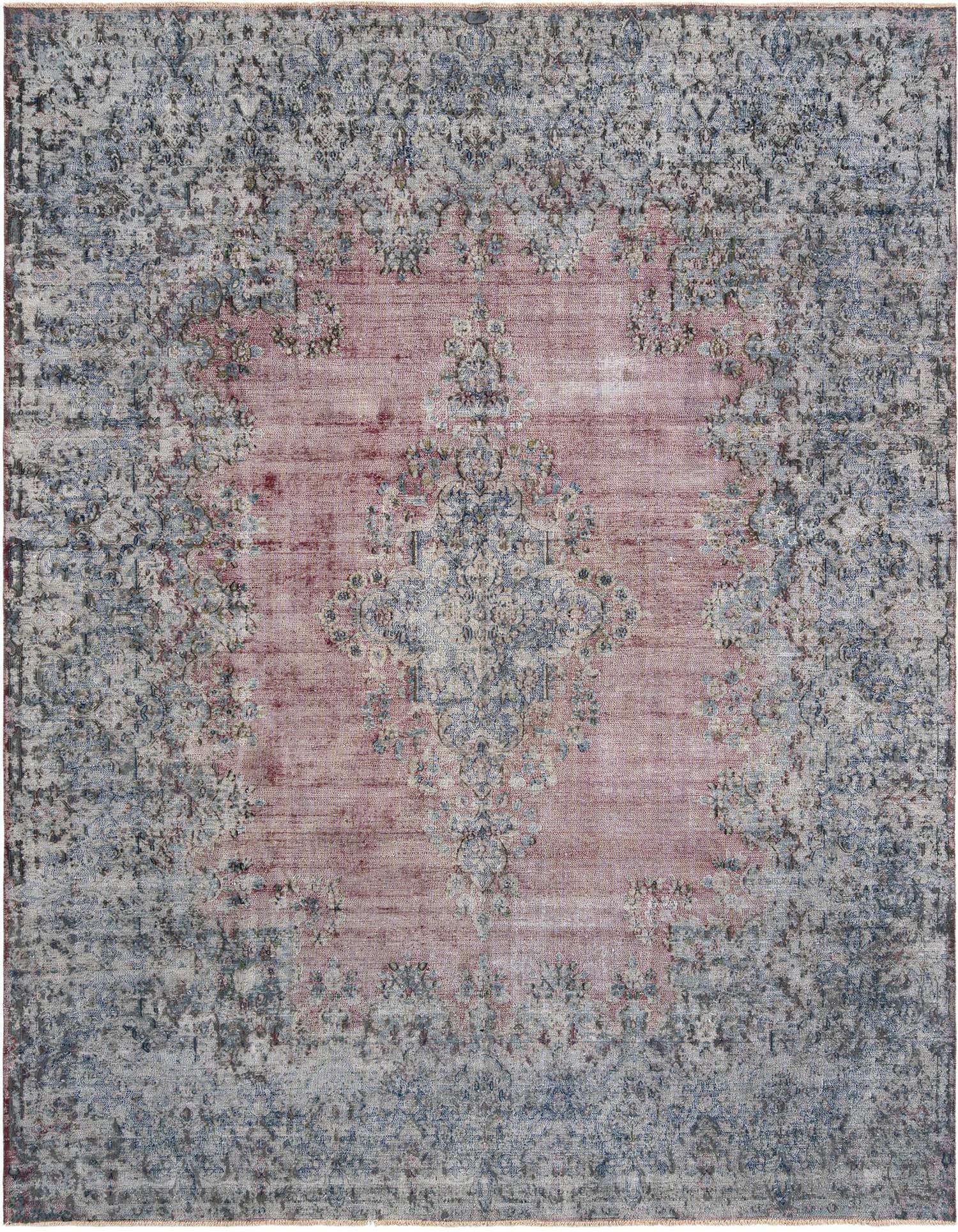 A 10x13 rectangular Vintage Royal Persian rug in distressed grey and muted pink tones, featuring an intricate floral medallion pattern.
