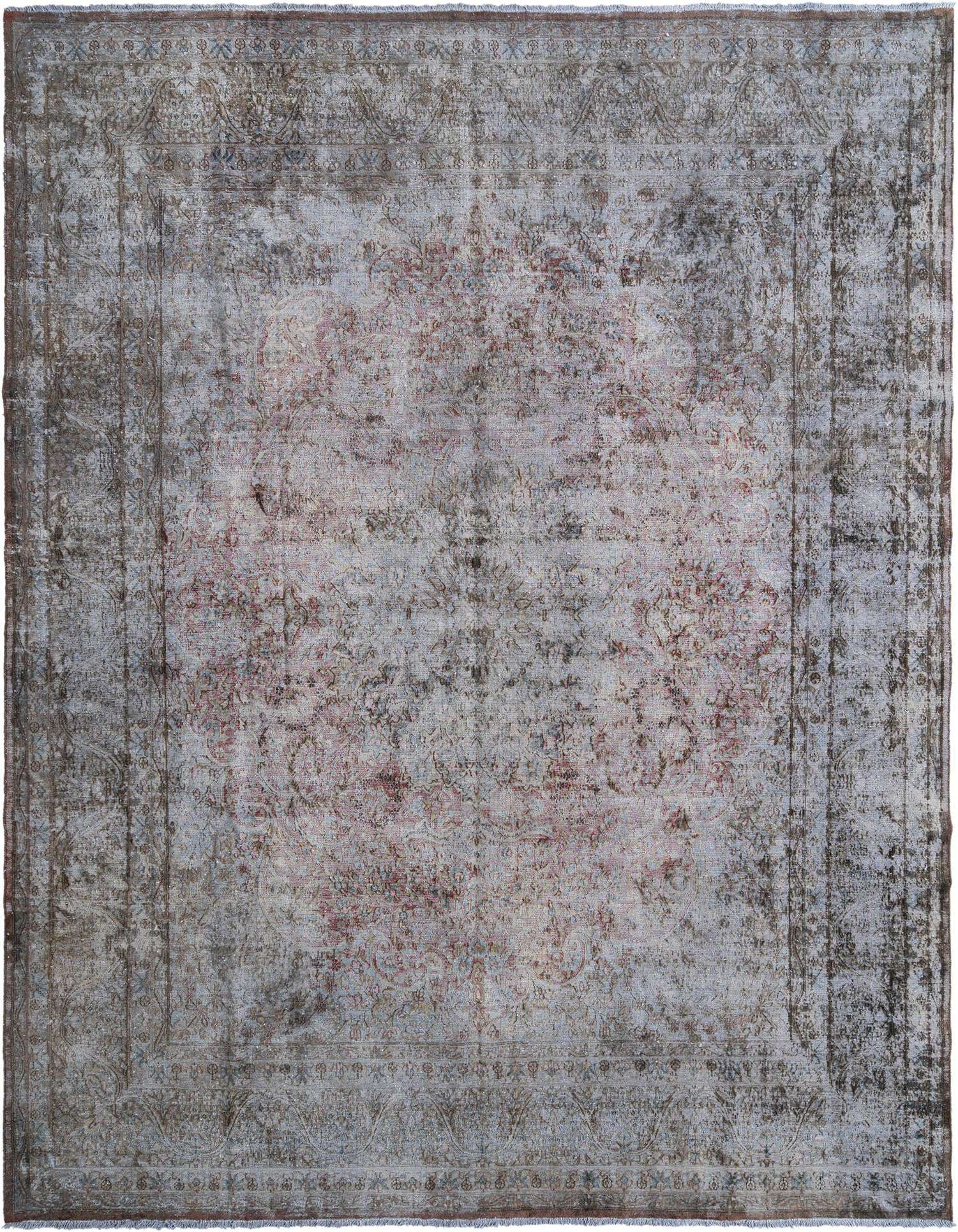 A 10x13 rectangular grey Persian wool rug with a distressed traditional pattern and subtle pink accents.