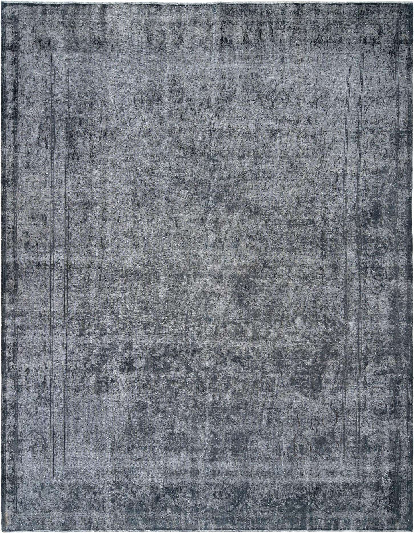 A 10x13 rectangular grey Persian wool rug with a distressed vintage pattern and subtle border.