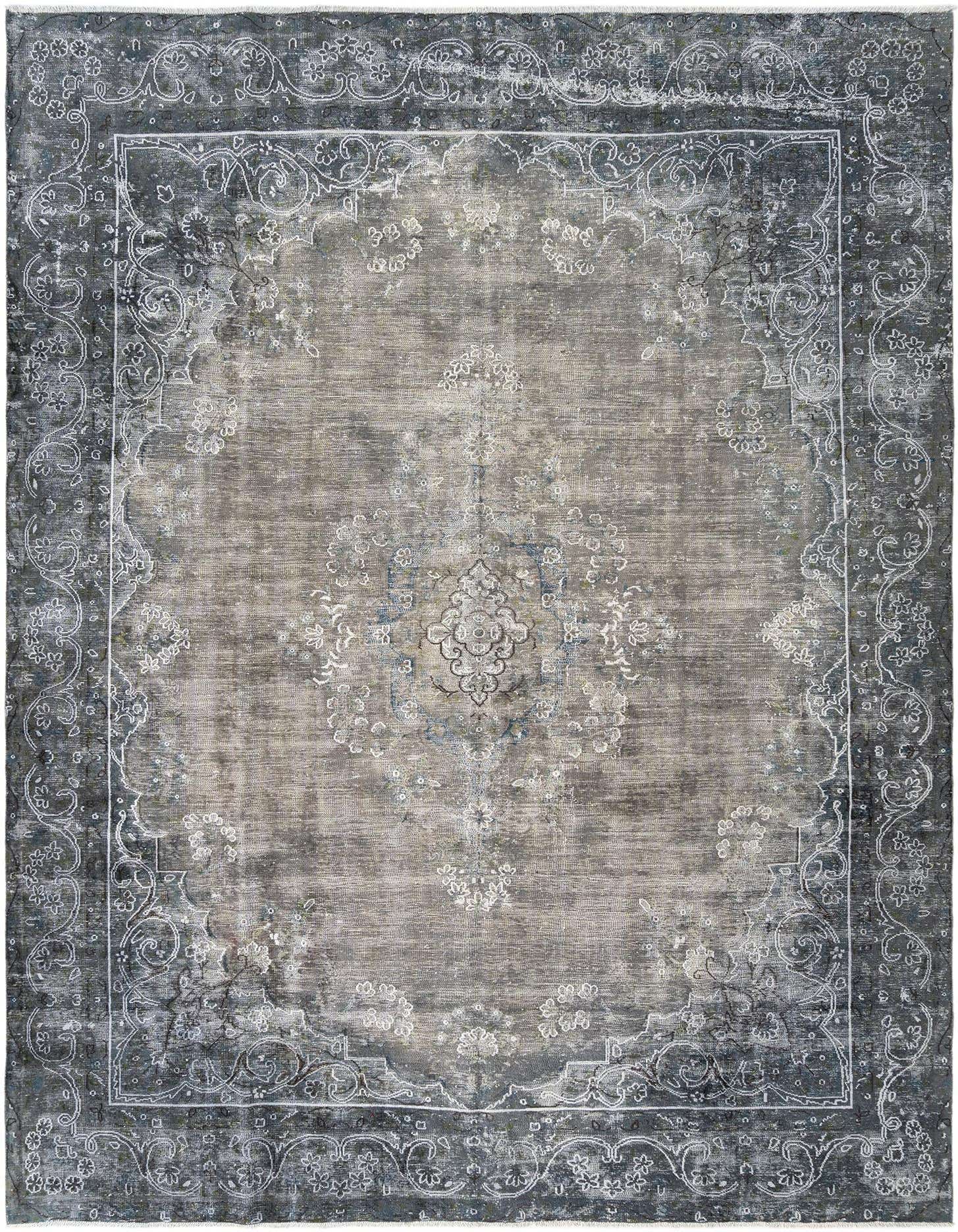 A 10x13 rectangular grey Persian wool rug featuring a distressed traditional medallion and floral border pattern.
