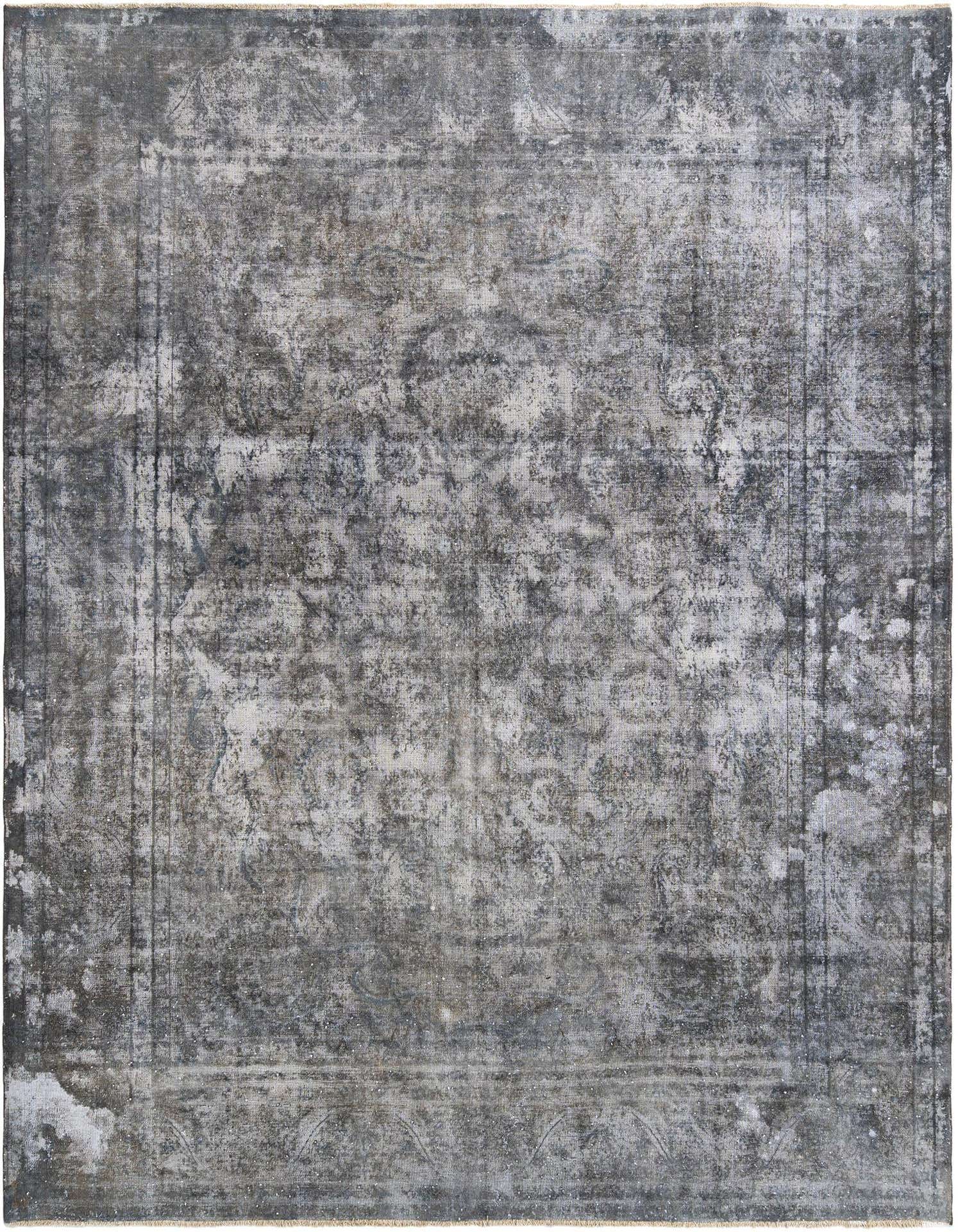 A 10x13 rectangular grey Persian wool rug with a distressed, vintage pattern, perfect for a living room.