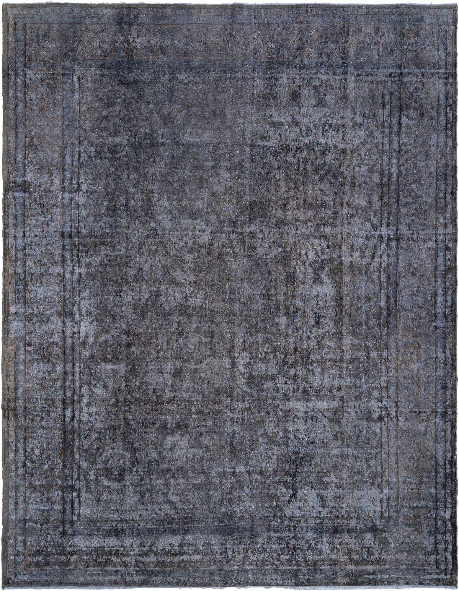 A 10x13 rectangular grey Persian wool rug with a distressed vintage pattern and subtle border.