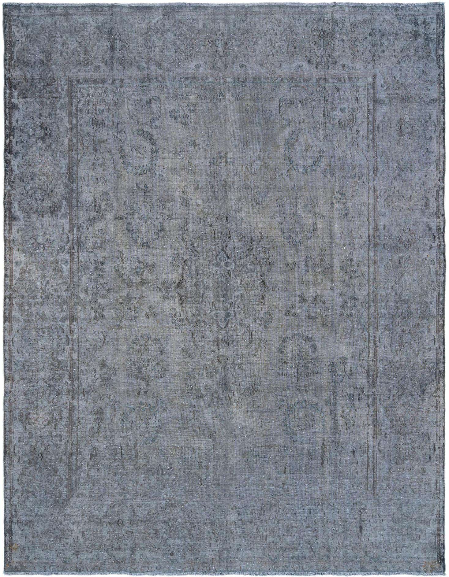 A 9x12 rectangular grey Persian wool rug with a distressed traditional pattern, suitable for a living room.