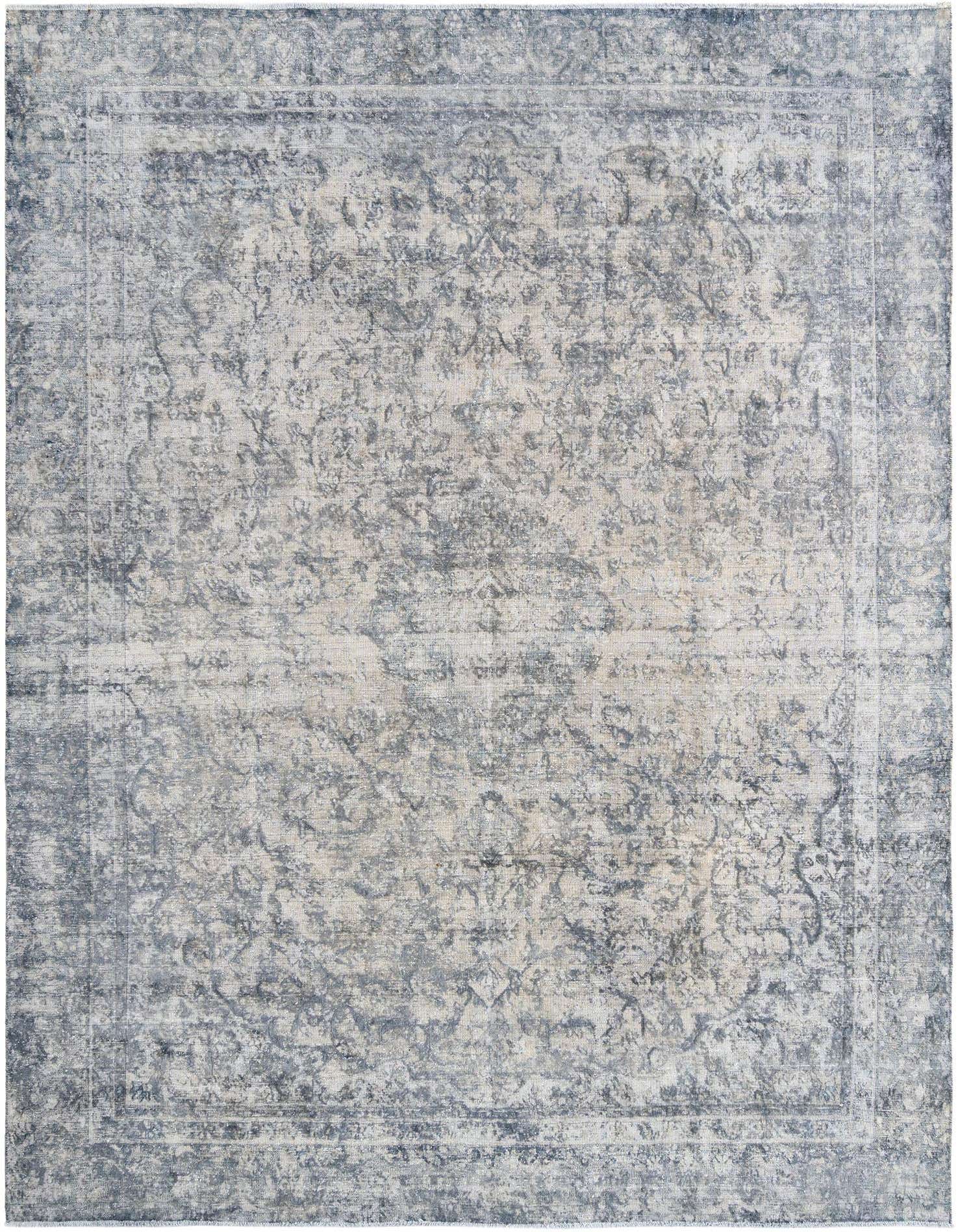 A 9x12 rectangular Rugs.com Vintage Royal grey Persian area rug with a distressed floral pattern and border.