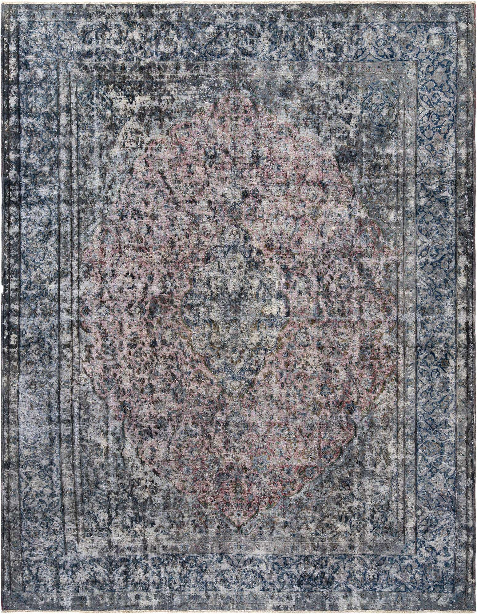 A 10x12 rectangular grey Persian wool rug with a distressed traditional medallion pattern in shades of grey and muted pink.