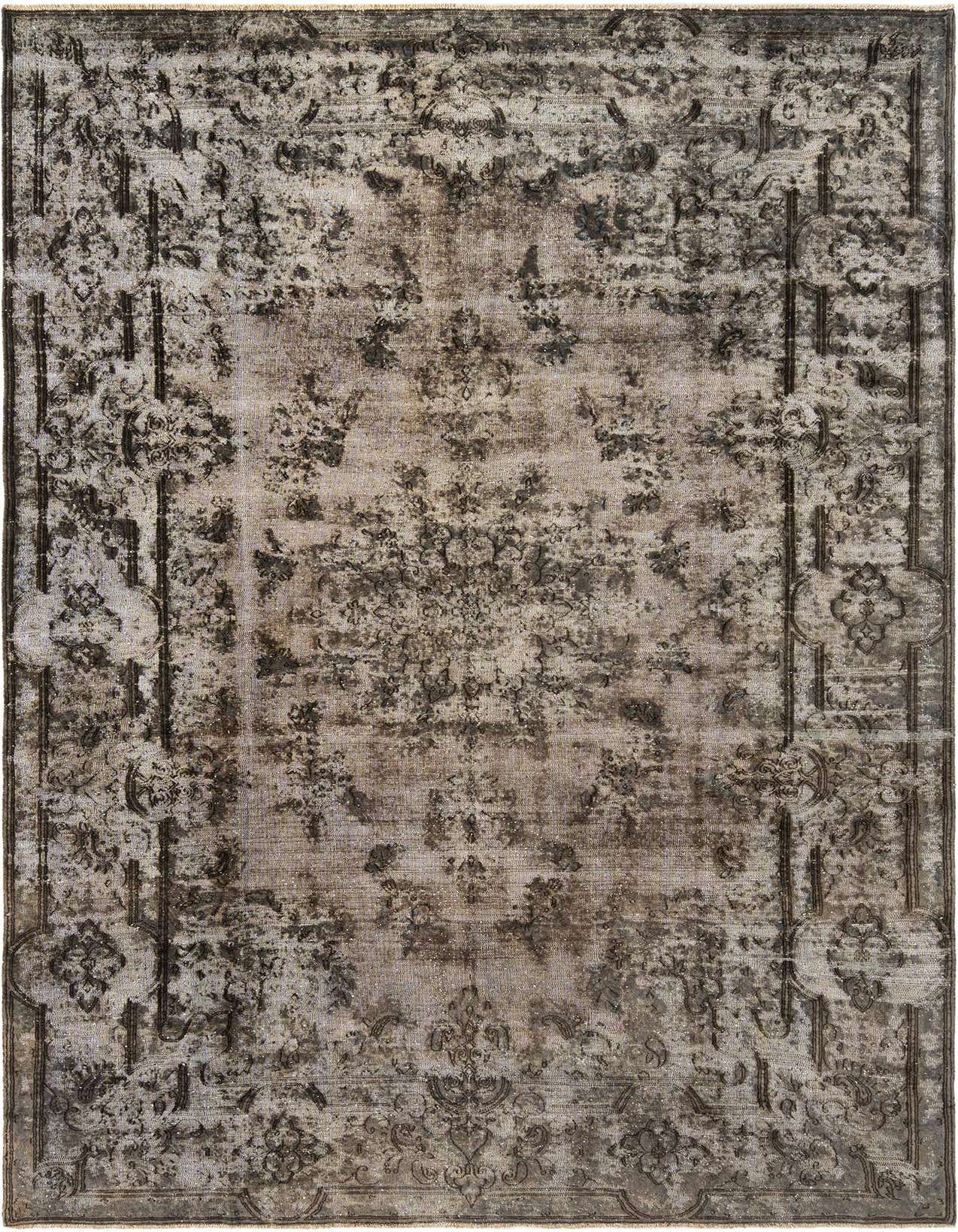 A rectangular 8x11 grey Persian wool rug with an intricate, distressed floral and medallion pattern, suitable for a living room.
