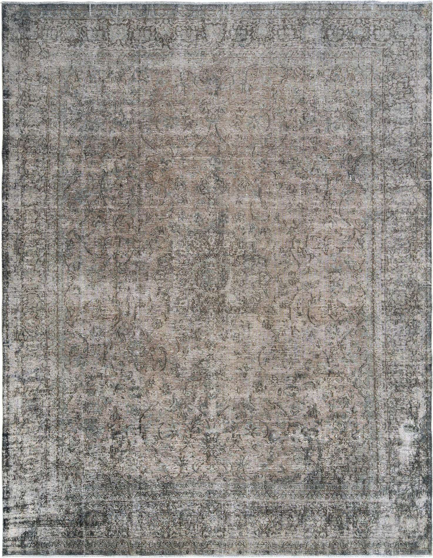 A 10x13 rectangular Rugs.com Vintage Royal area rug in distressed grey with a subtle Persian pattern.