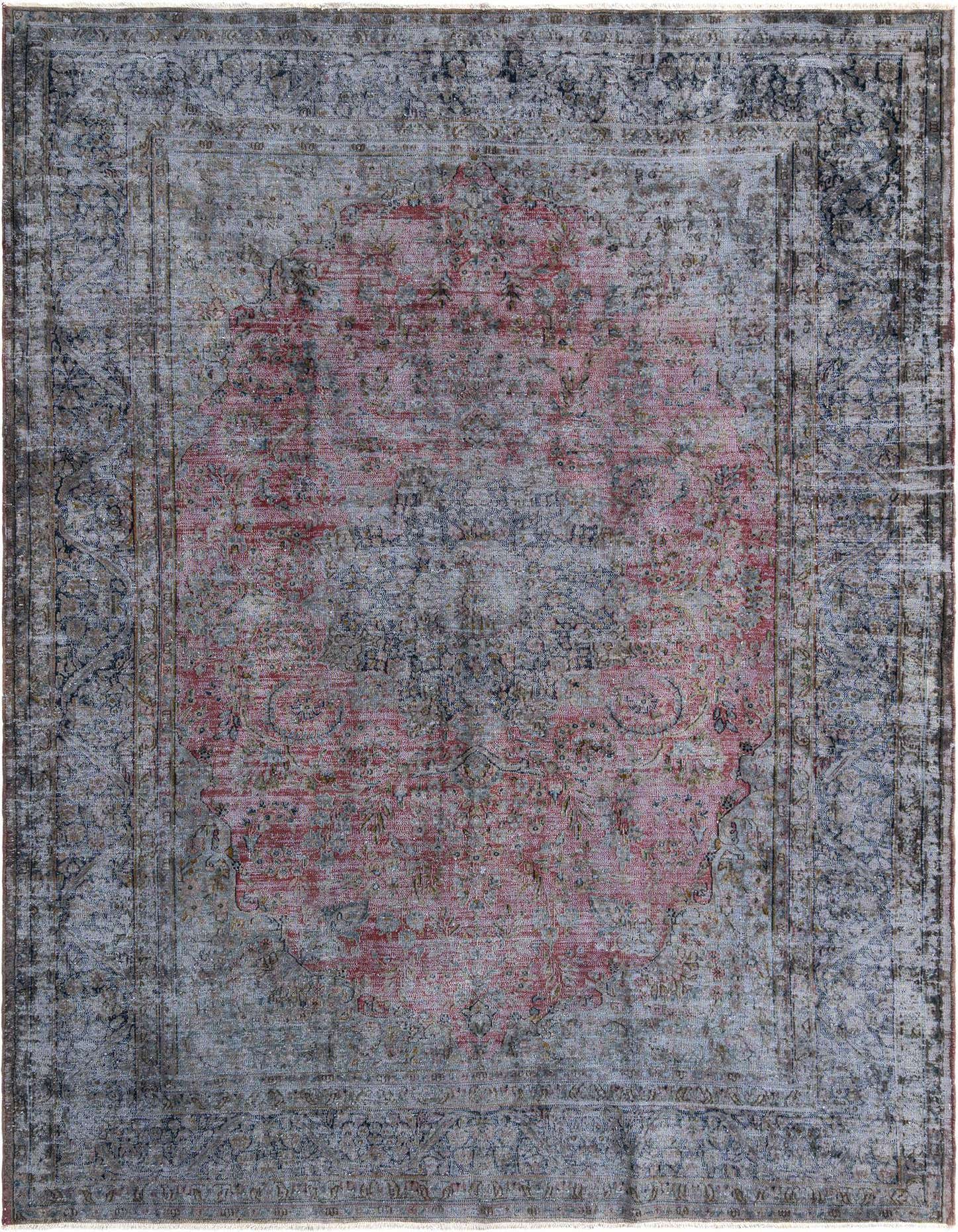 A 6x9 rectangular Rugs.com Vintage Royal Persian rug in faded grey with a distressed pink medallion.