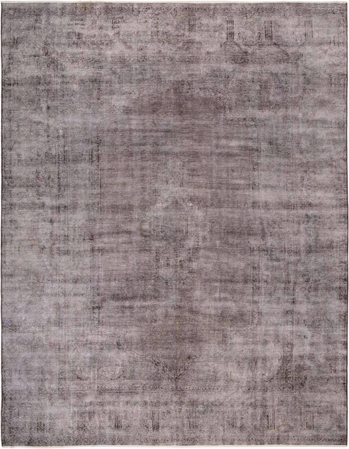 A 10x14 rectangular grey Persian wool rug with a distressed, vintage-inspired pattern, suitable for an indoor living space.