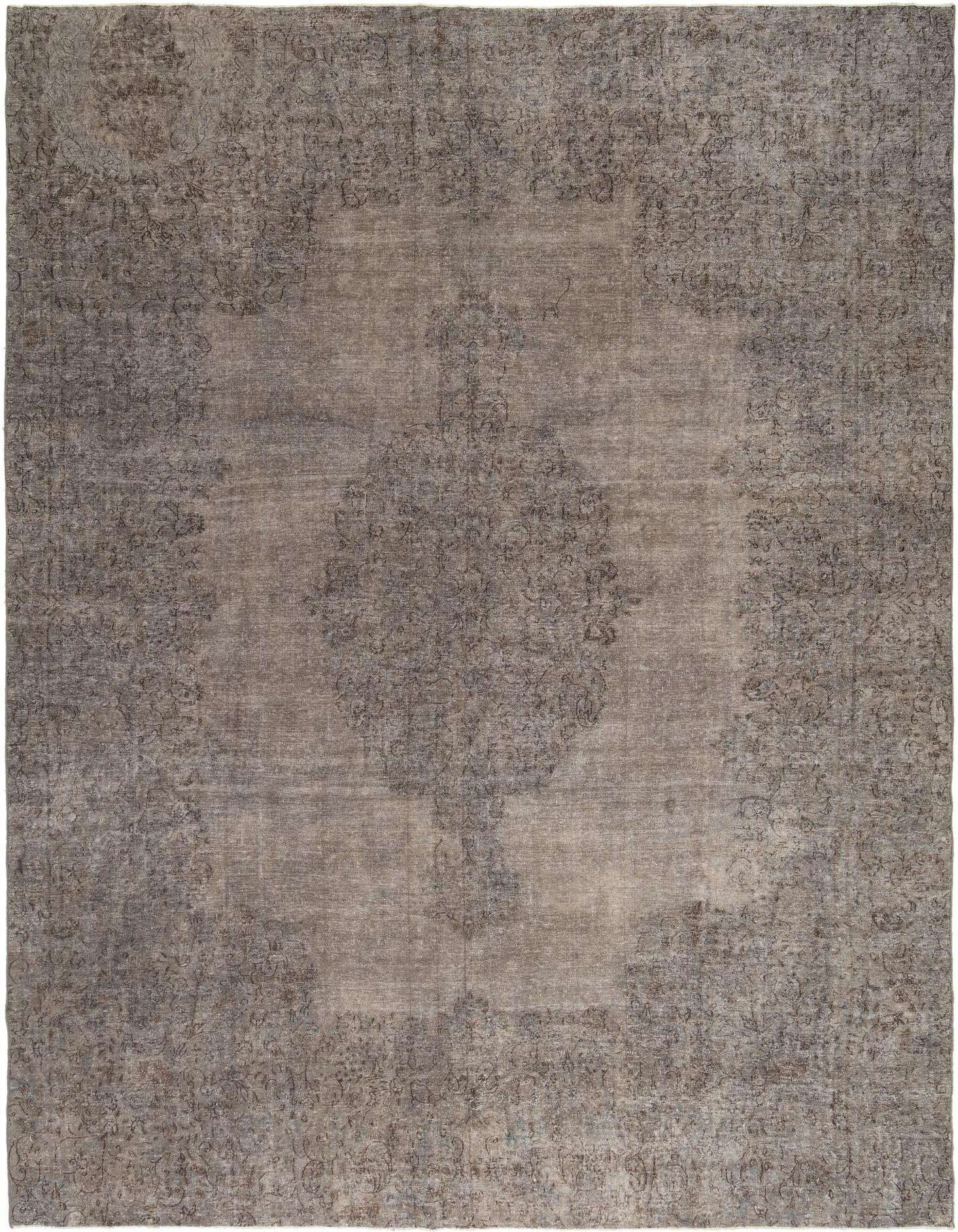 A 10x13 rectangular grey Persian wool rug with a faded, intricate traditional pattern, suitable for a living room.