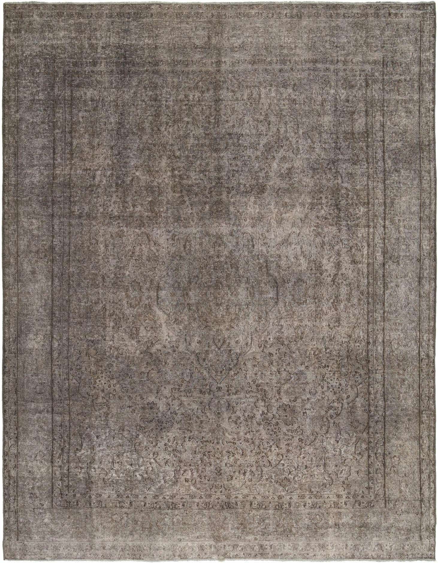 A 10x13 rectangular grey Persian wool area rug with a distressed traditional pattern, suitable for a living room.