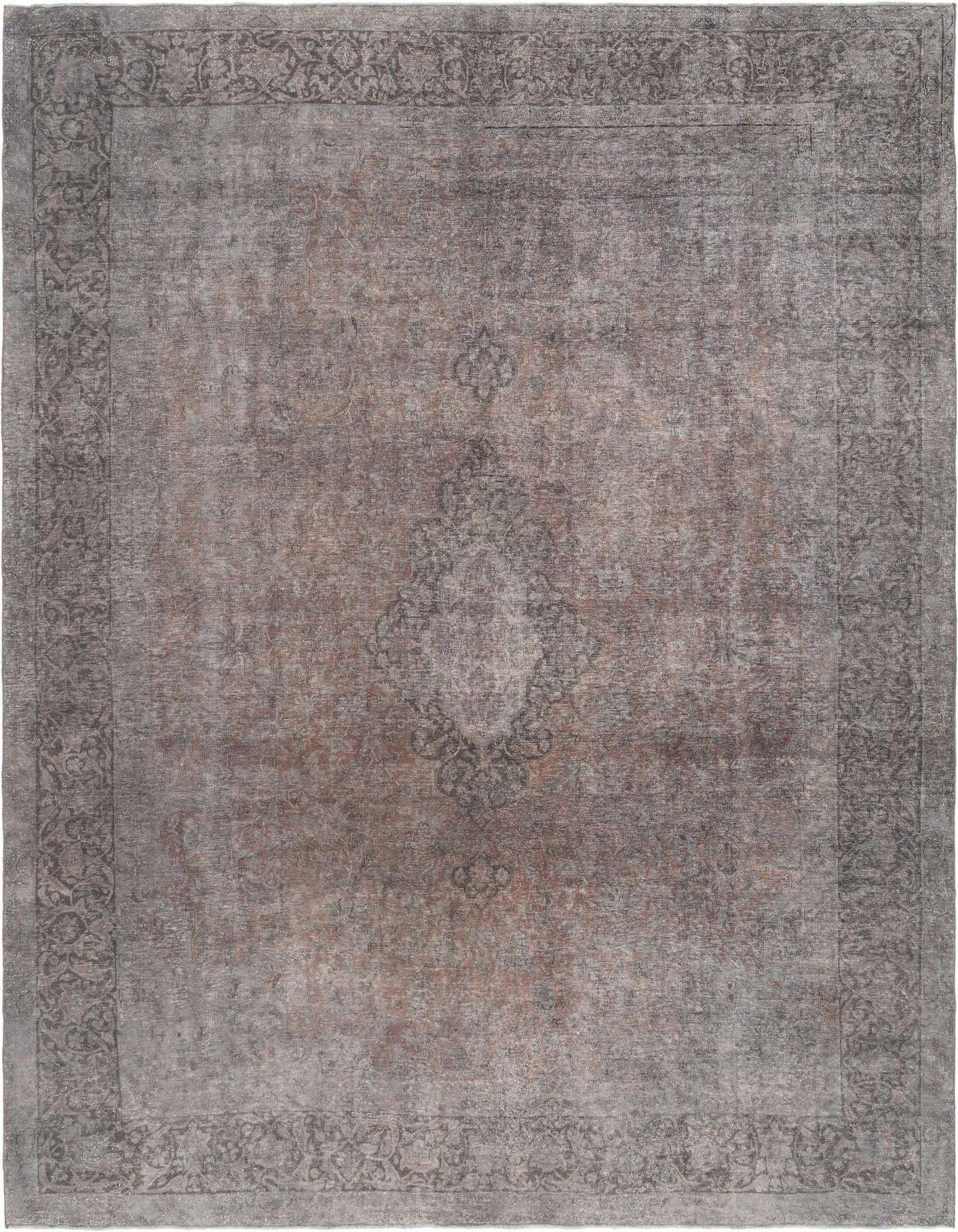 A 9x12 rectangular grey Persian wool rug with a distressed traditional medallion pattern and ornate border.