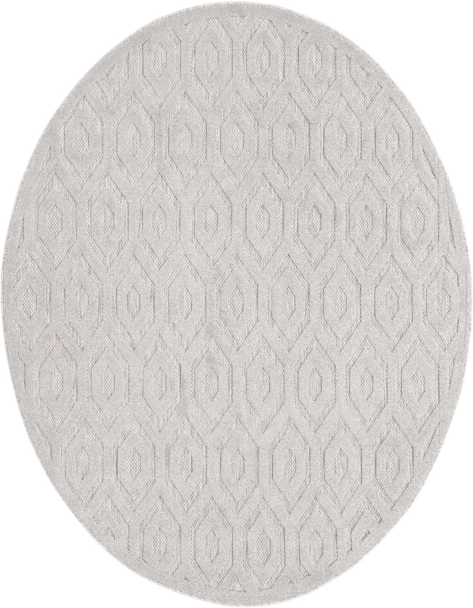 A 7' round grey indoor/outdoor rug with a modern textured geometric trellis pattern, suitable for a patio.