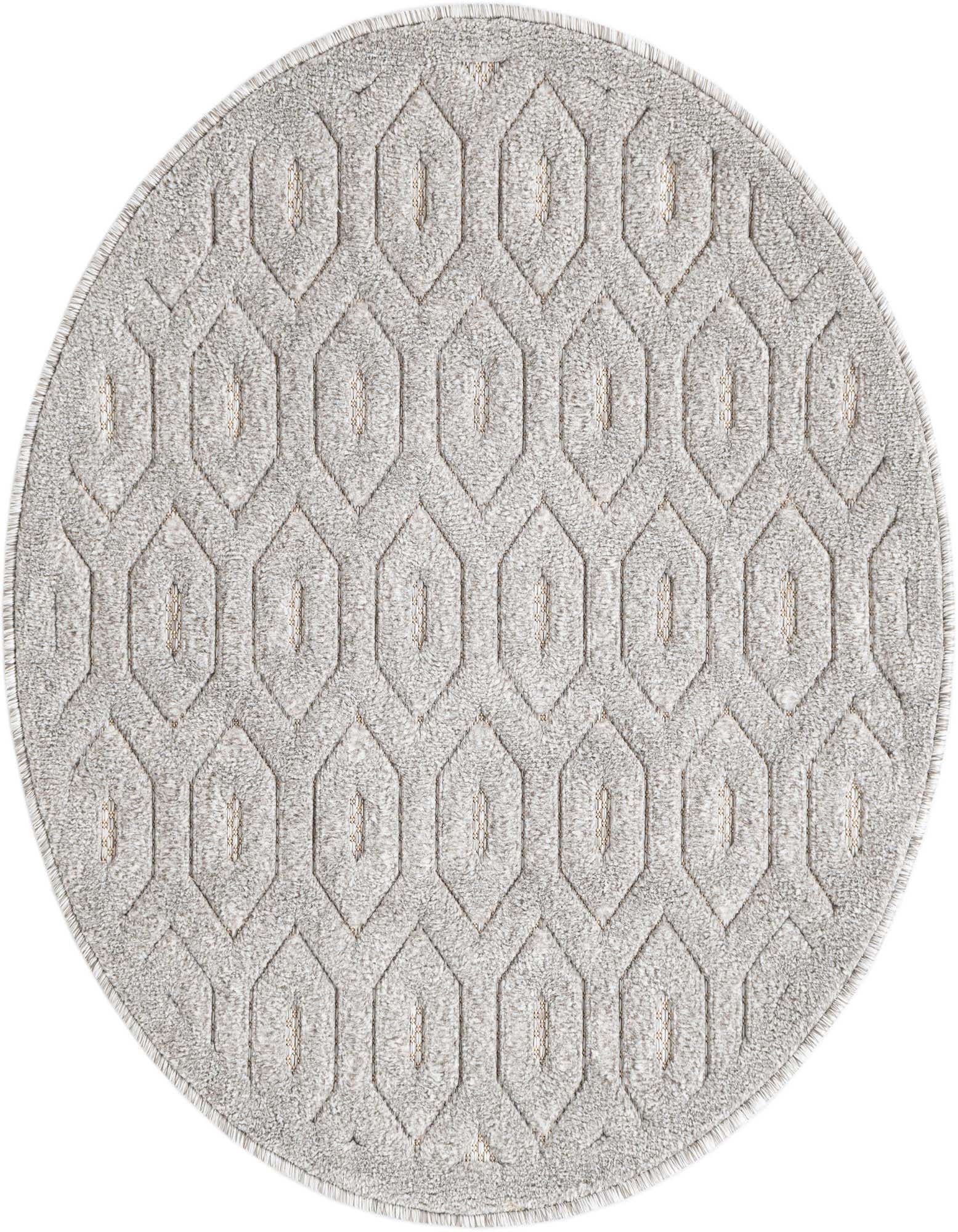 A round 3' grey polypropylene rug with a modern textured geometric pattern, suitable for indoor or outdoor use.