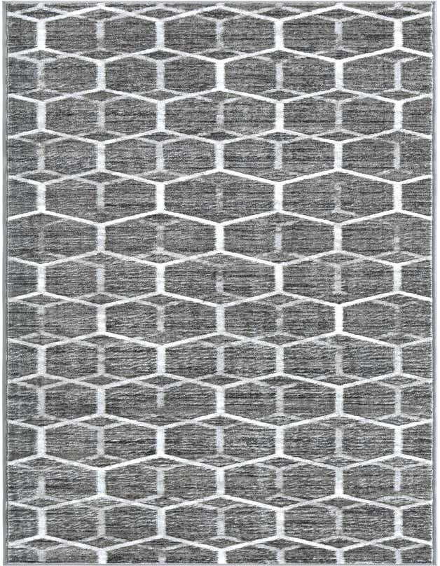 A 10 ft runner rug featuring a grey background with a white geometric trellis pattern, ideal for a hallway.
