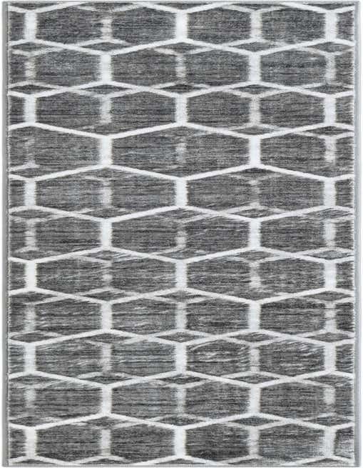A grey 8 ft runner rug with a modern white abstract honeycomb lattice pattern, ideal for a hallway.