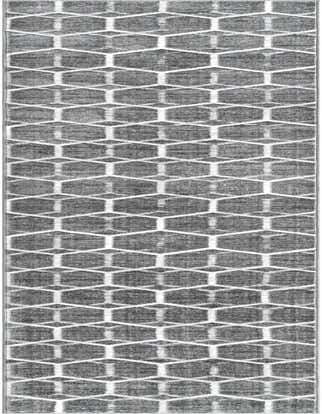 A long 16 ft grey runner rug with a modern white trellis pattern, perfect for a hallway.