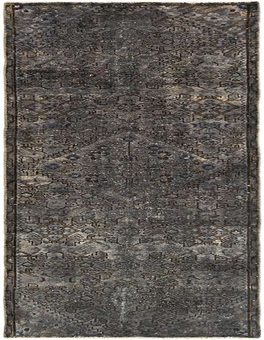 A distressed 8 ft runner rug in shades of grey with a vintage geometric pattern, suitable for a hallway.