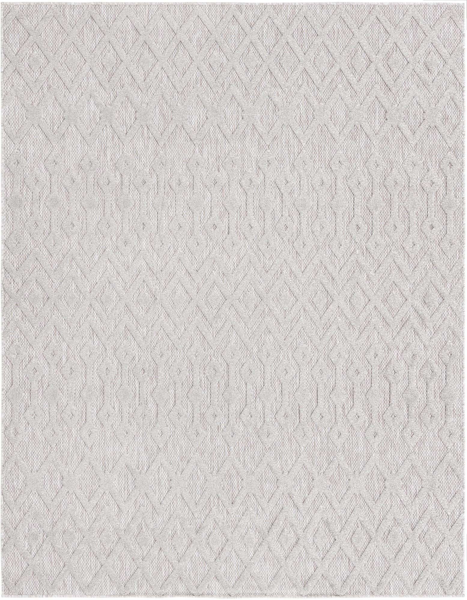 A 7' 10 x 7' 10 square grey indoor/outdoor rug with a high/low textured tribal trellis pattern.