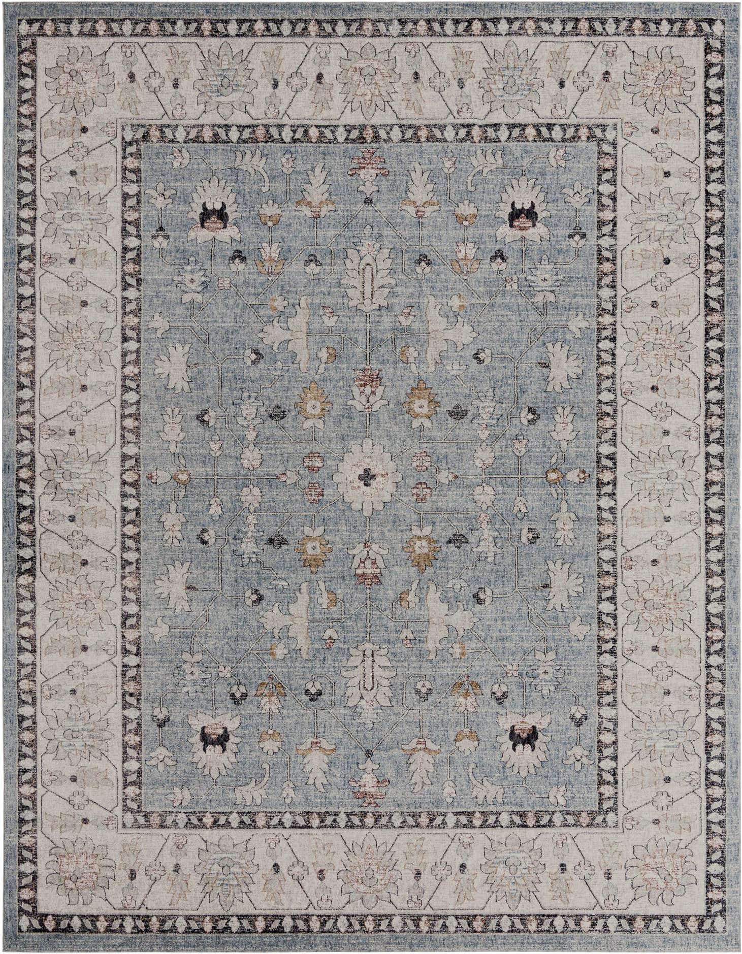 A 10x13 rectangular Eco Traditional rug featuring a light blue field with an intricate floral and trellis pattern, bordered by a cream frame with complementary designs.