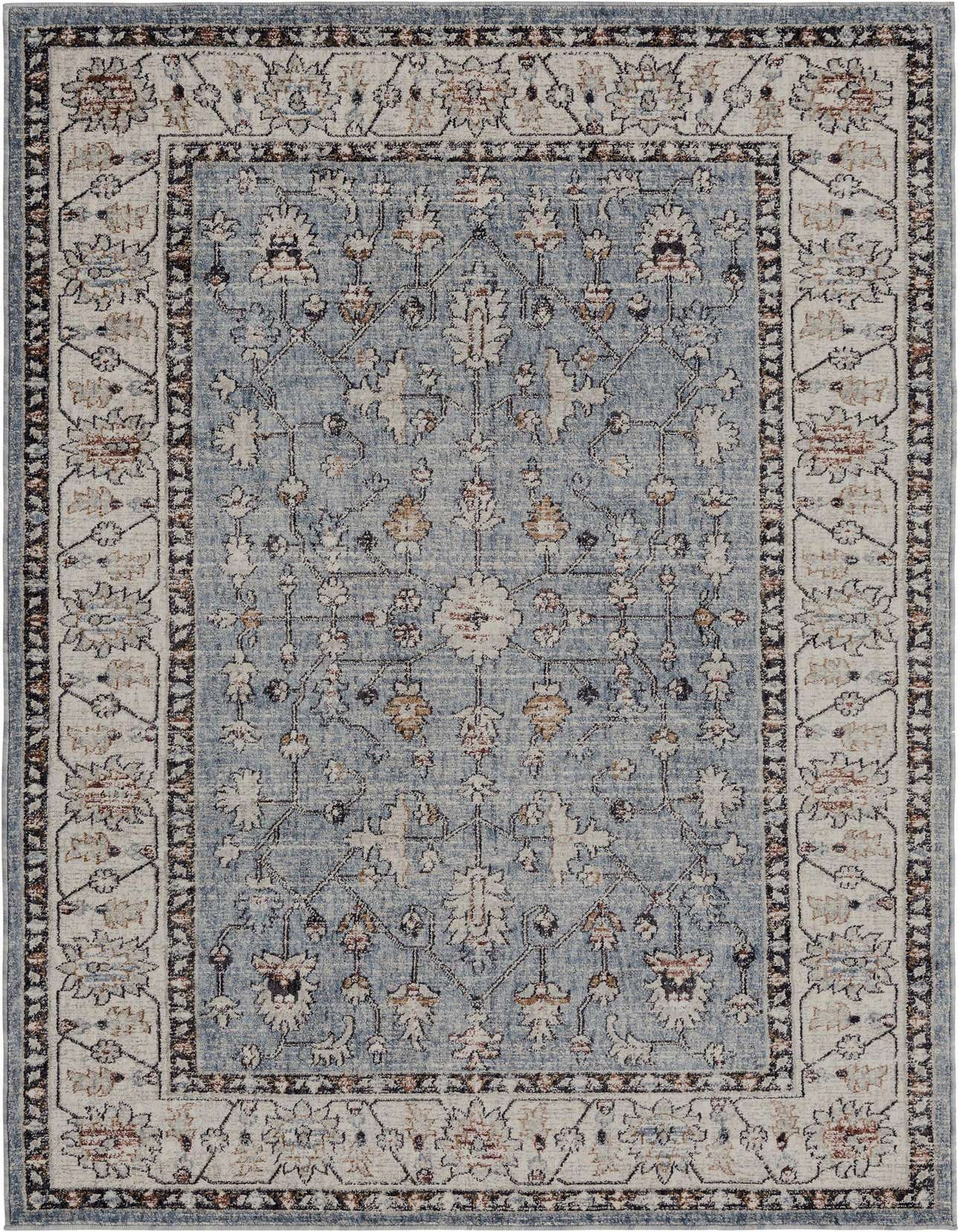 A 5x8 rectangular Eco Traditional rug in blues with an ornate floral and trellis pattern and a cream border.