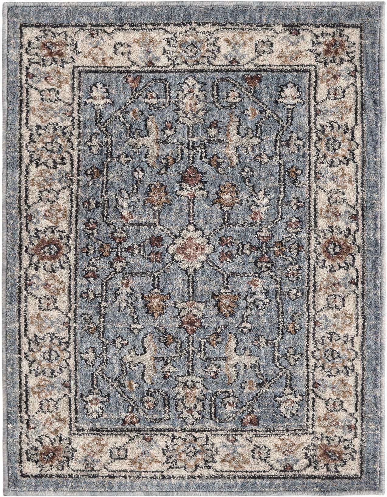 A 2x3 rectangular Eco Traditional rug in shades of blue with a distressed oriental trellis pattern and a cream border.