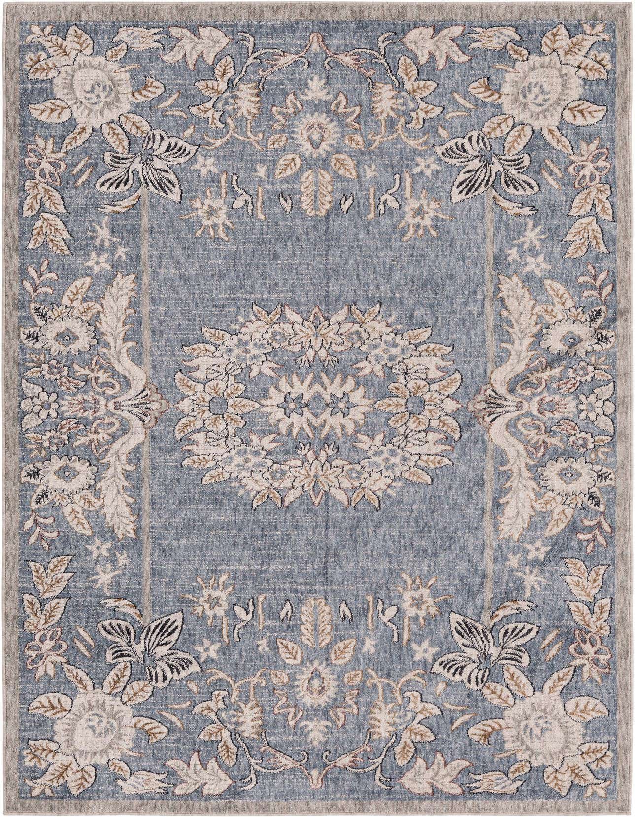 A 5x8 rectangular Eco Traditional rug in shades of blue with a faded medallion and floral border pattern.