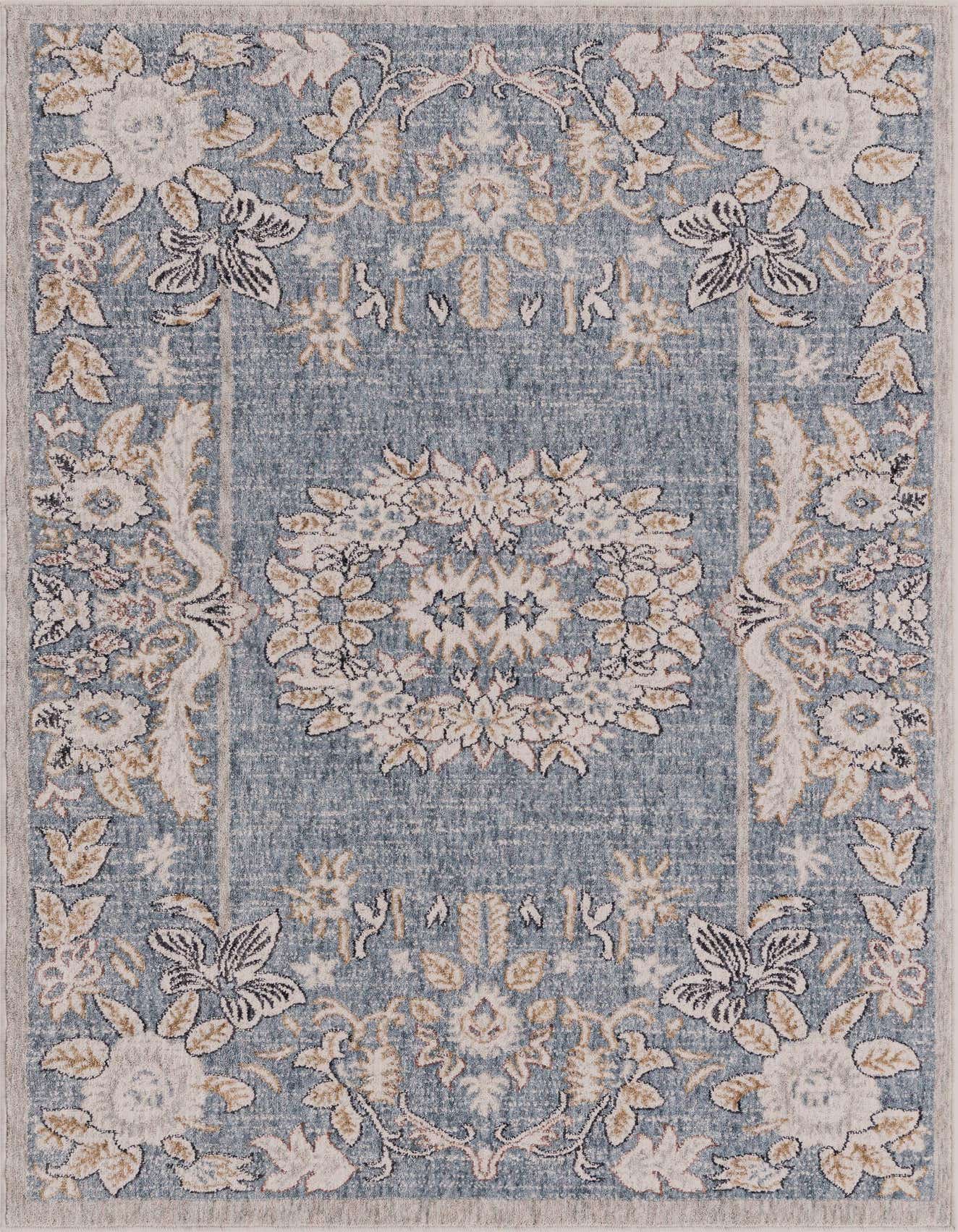 A 4x6 rectangular Eco Traditional rug in shades of blue with an intricate medallion and floral pattern in cream and gold.