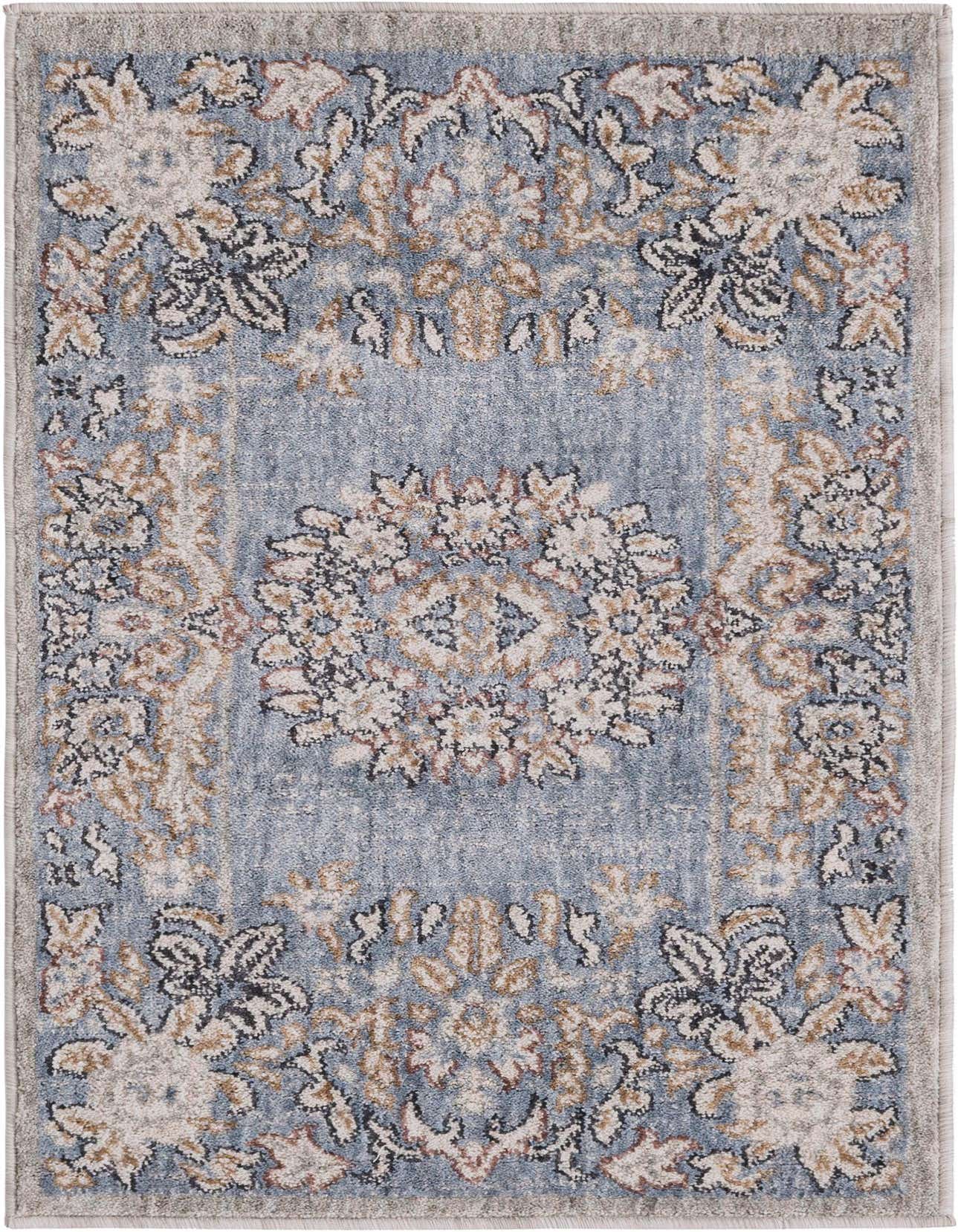 A 2x3 rectangular Eco Traditional rug in shades of blue, cream, and brown with a distressed medallion pattern.