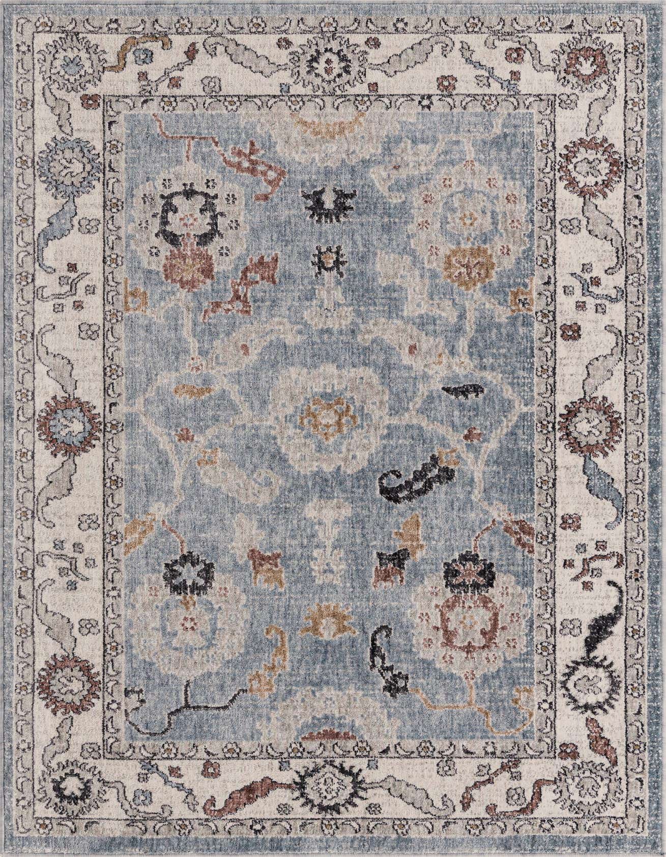 A 4x6 rectangular Eco Traditional rug featuring a faded blue center with intricate floral and medallion patterns in cream, grey, and rust, bordered by a cream frame with complementary designs.