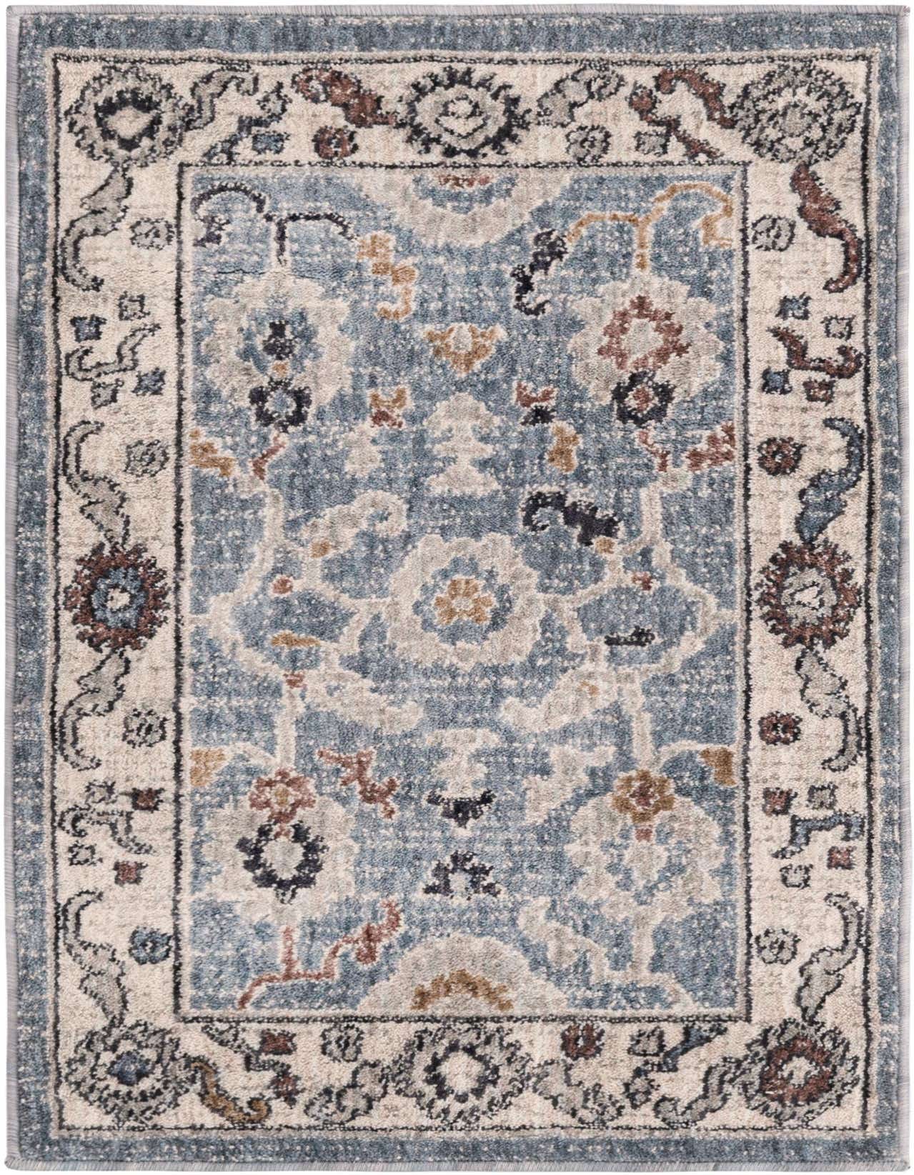 A 2x3 rectangular Eco Traditional rug featuring a distressed blue field with intricate floral and medallion patterns in cream, brown, and grey, bordered by a cream frame with complementary motifs.
