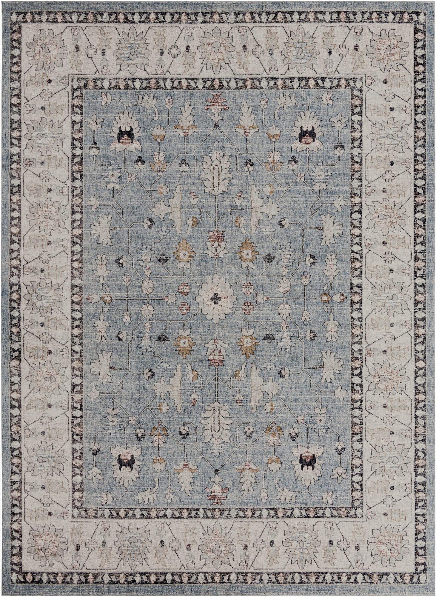 A 10x13 rectangular Eco Traditional rug featuring a light blue field with an intricate floral and trellis pattern, bordered by a cream frame with complementary designs.