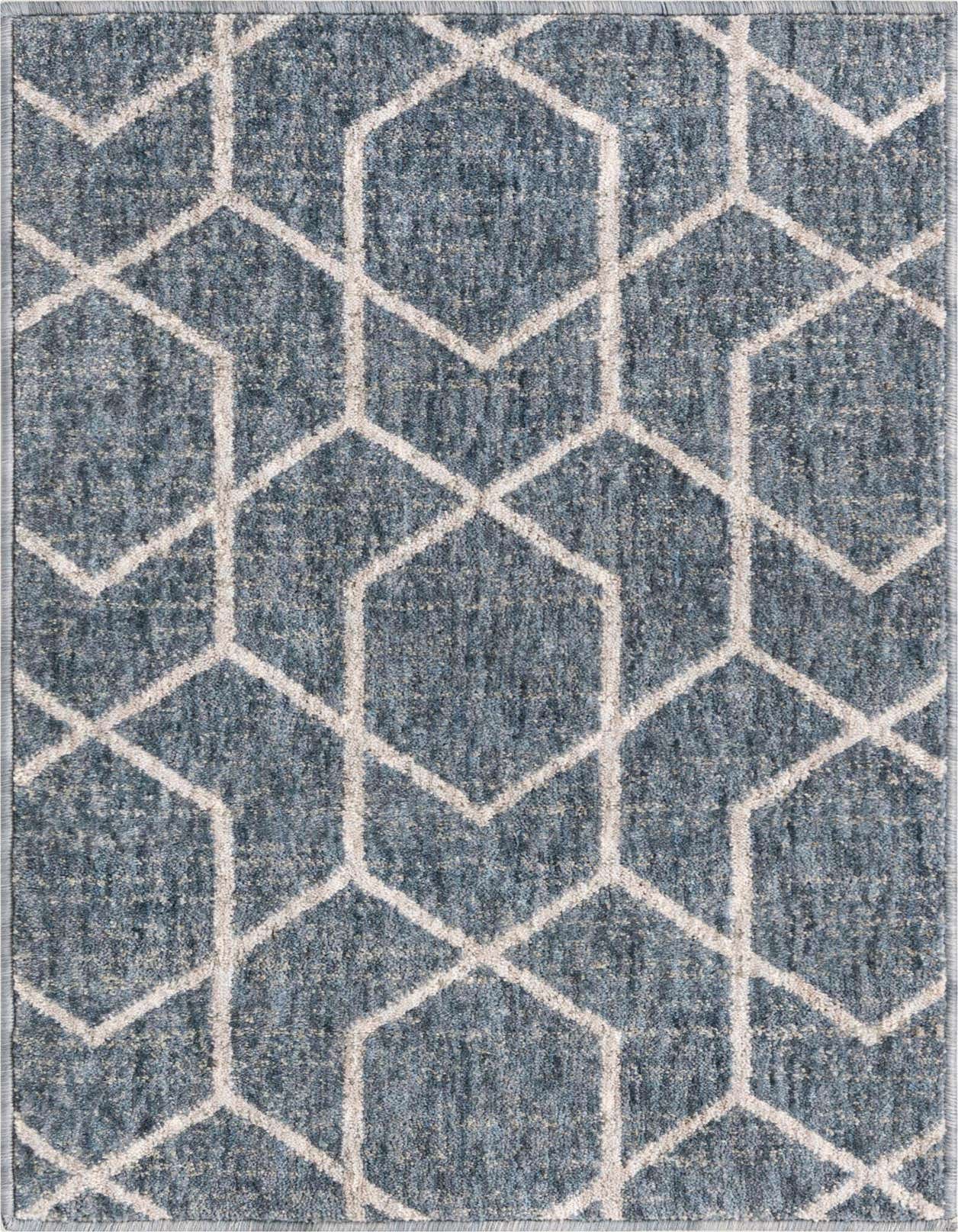 A 2x3 rectangular Eco Trellis rug featuring a modern abstract geometric pattern in varying shades of blue with off-white lines.