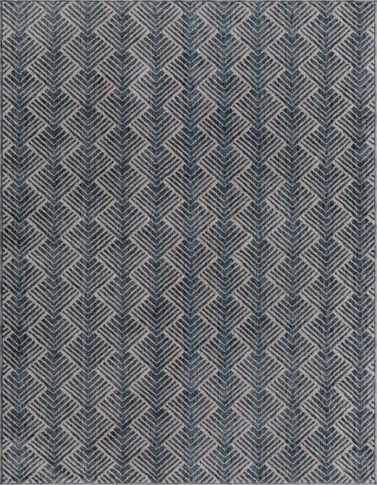 A 5x8 rectangular Eco Trellis rug featuring a modern blue and beige geometric pattern, ideal for a living room.