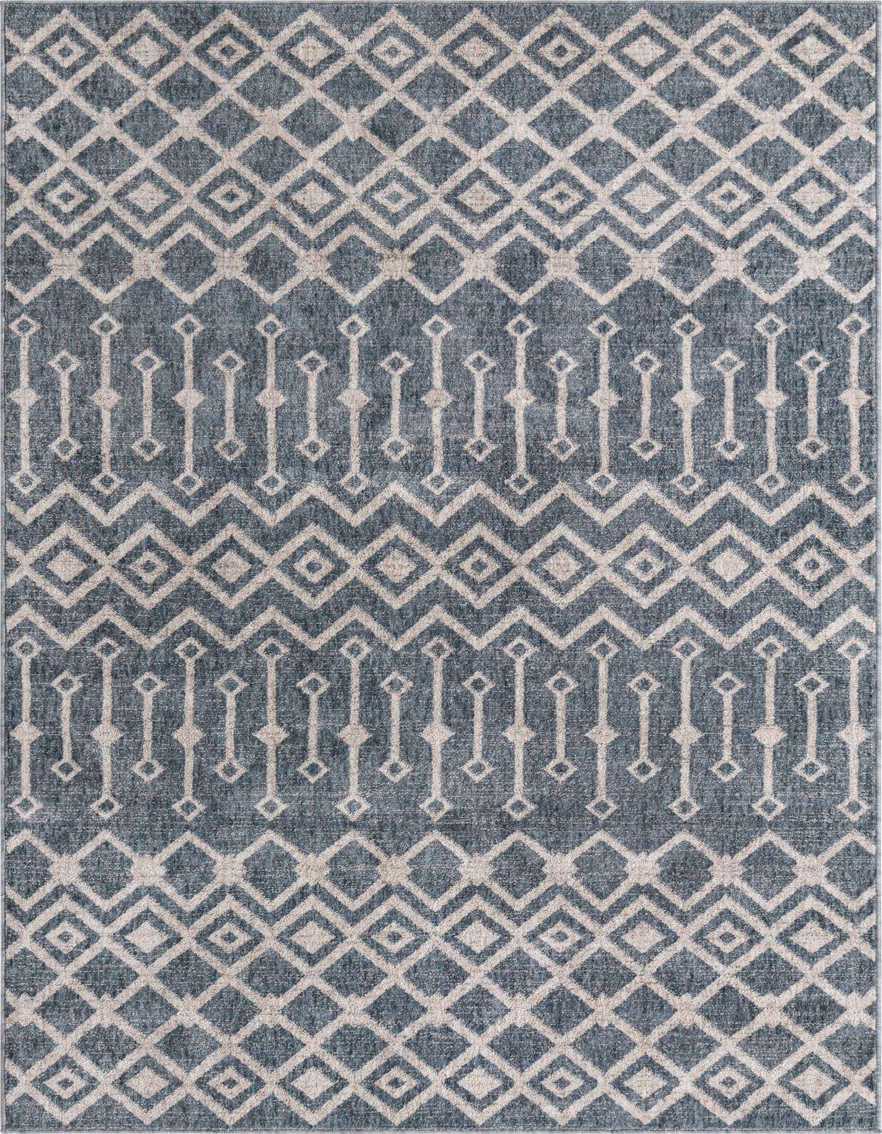 A 5x8 rectangular Eco Trellis rug featuring a modern geometric pattern of diamonds and vertical lines in varying shades of blue and beige.